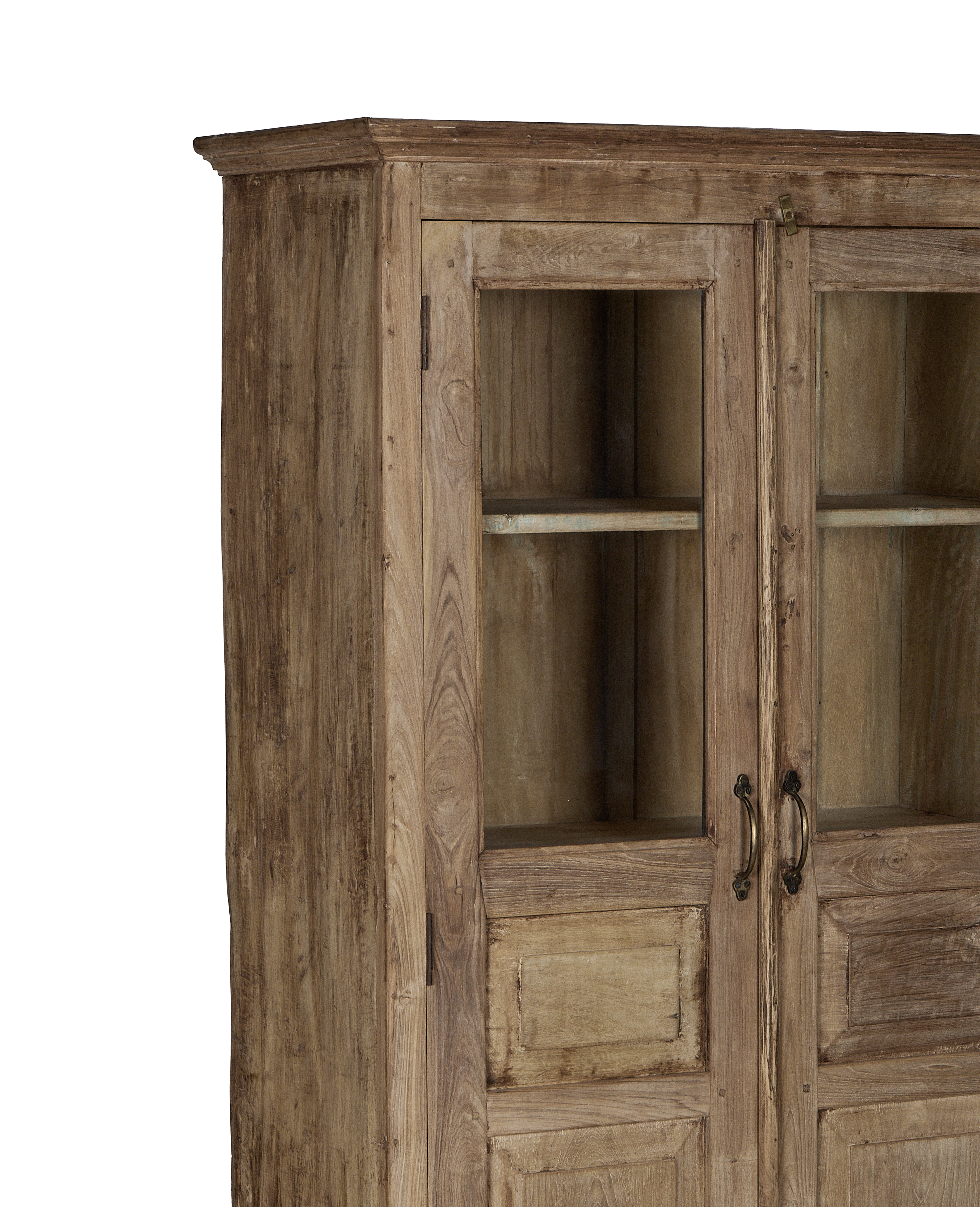 Vintage Indian bleached oak cabinet upper right, showing glass-paned doors and bronze latch.