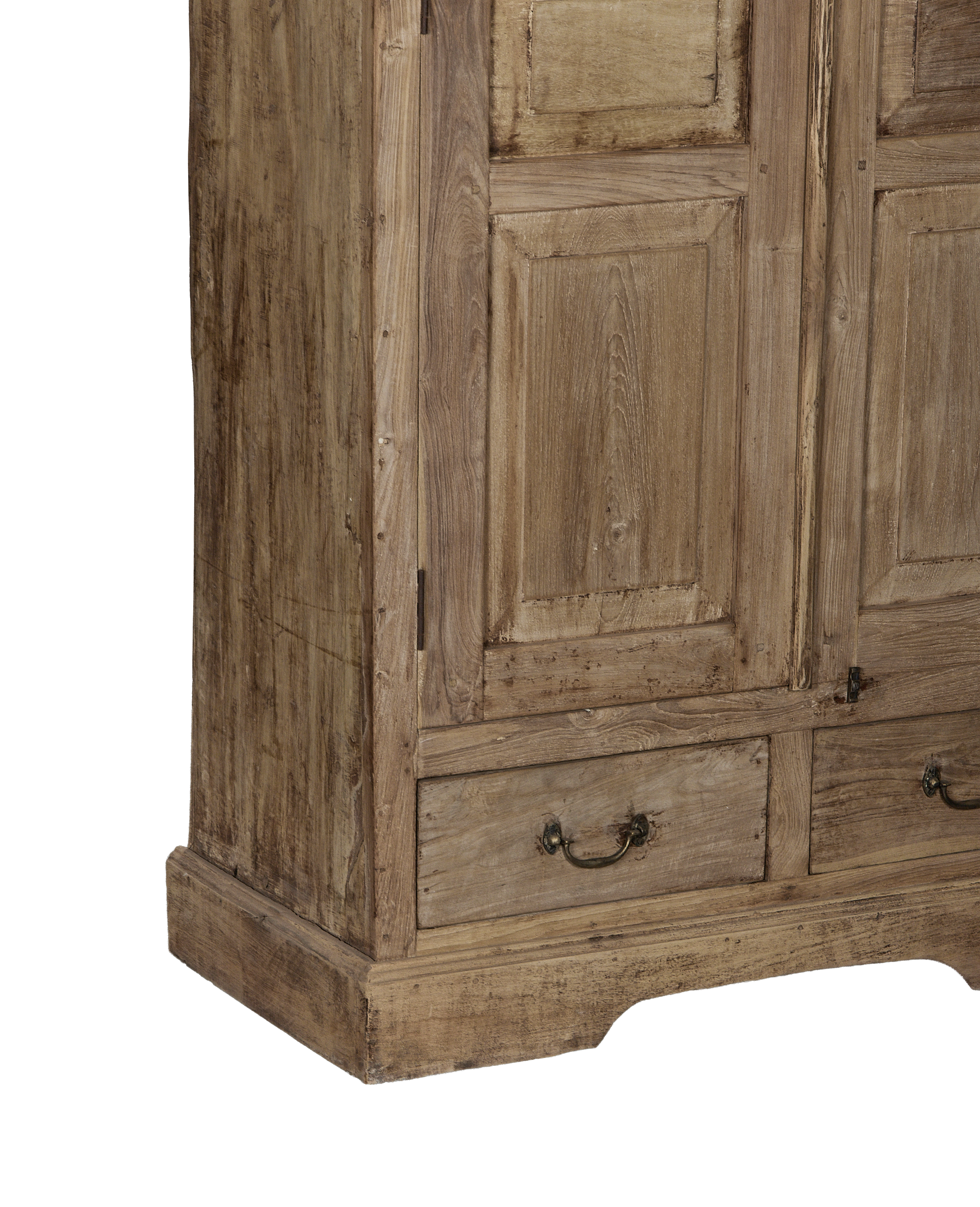Vintage bleached oak wardrobe from India, close-up of base and right side drawer with ornate pull.