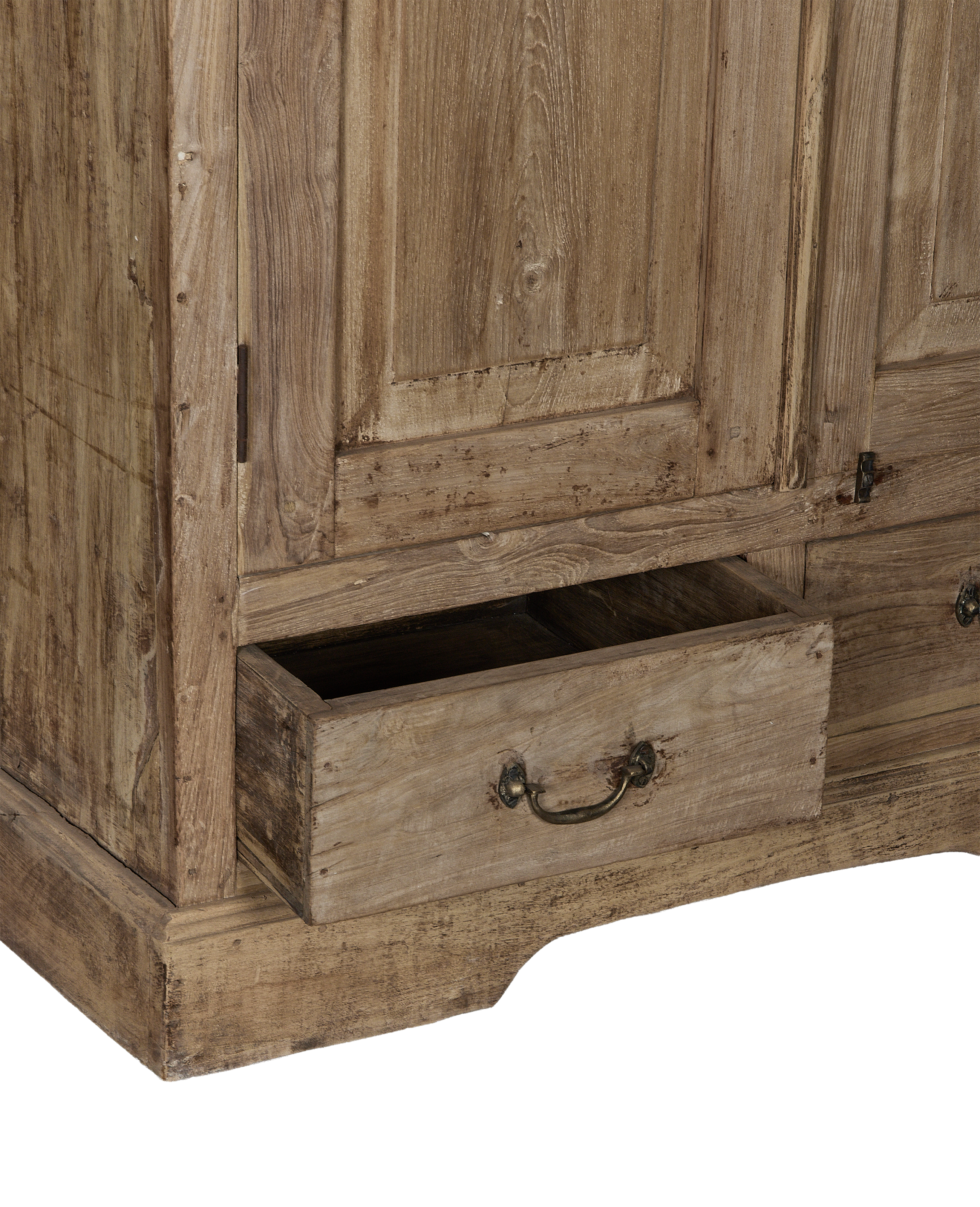 Vintage bleached oak cabinet with an open drawer, showing distressed wood grain and brass pull.