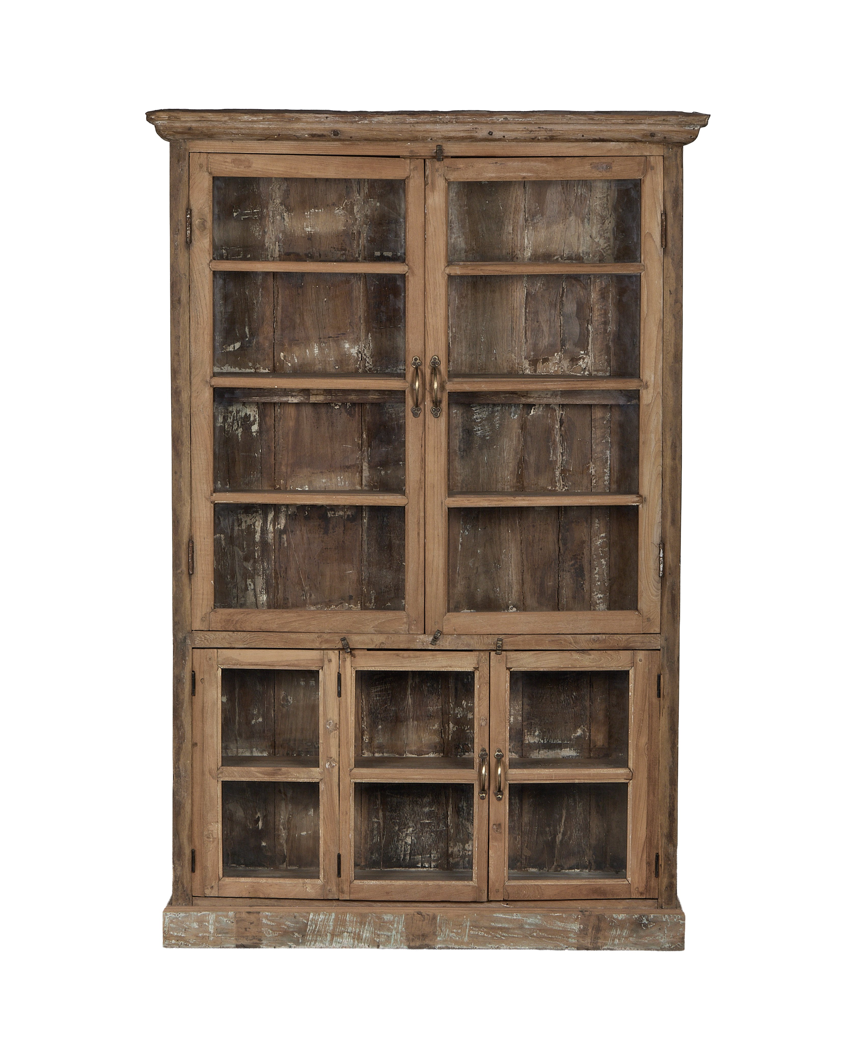 Vintage Indian bleached oak cabinet with glass doors and weathered aged finish.