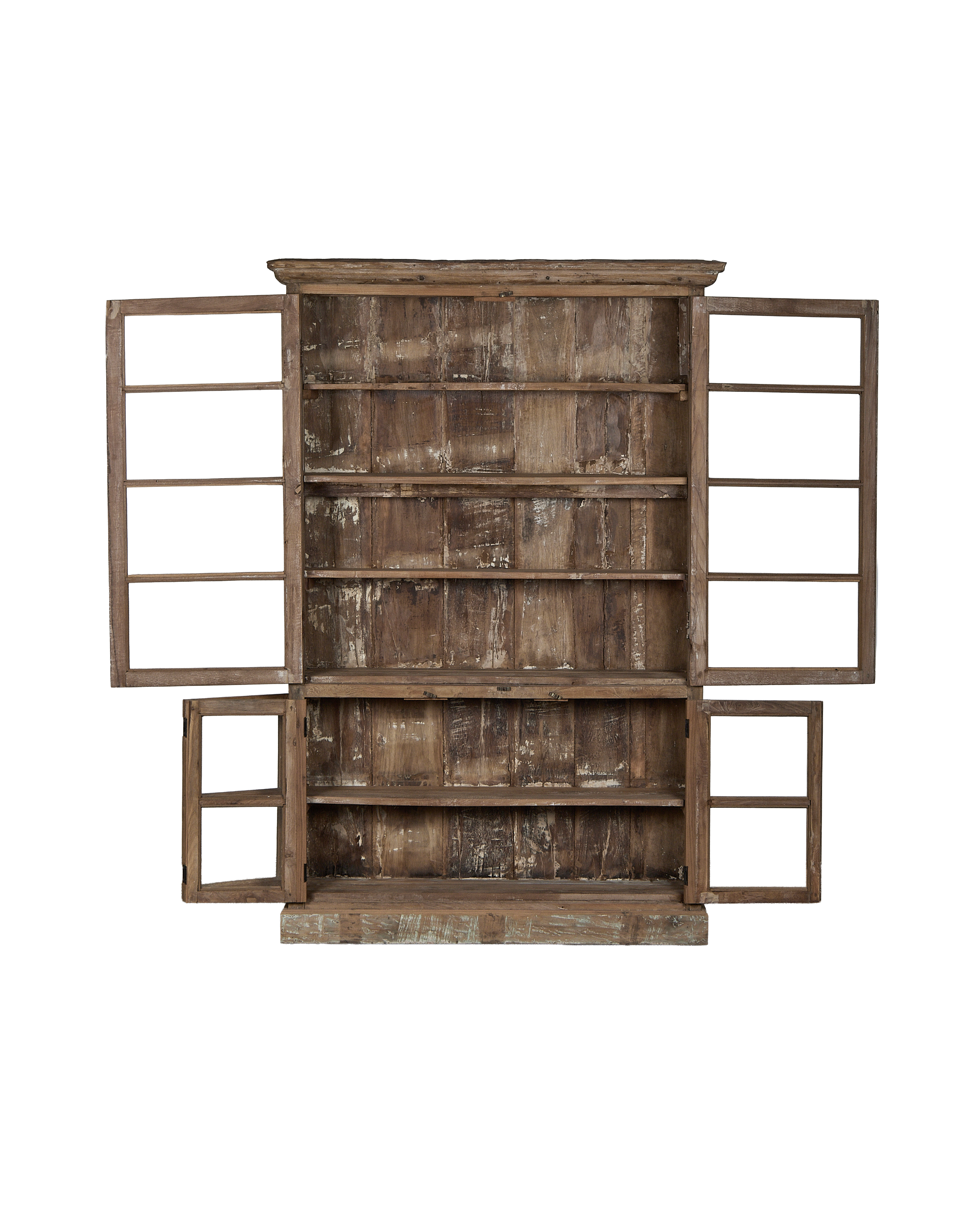 Vintage Indian bleached oak cabinet with all doors and upper panels open, revealing interior shelving.