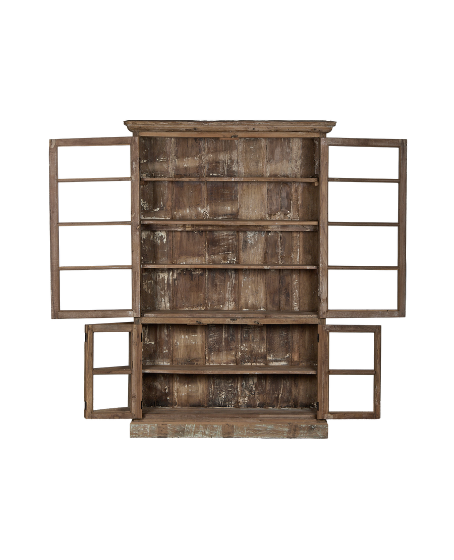 Vintage Indian bleached oak cabinet with all doors and upper panels open, revealing interior shelving.