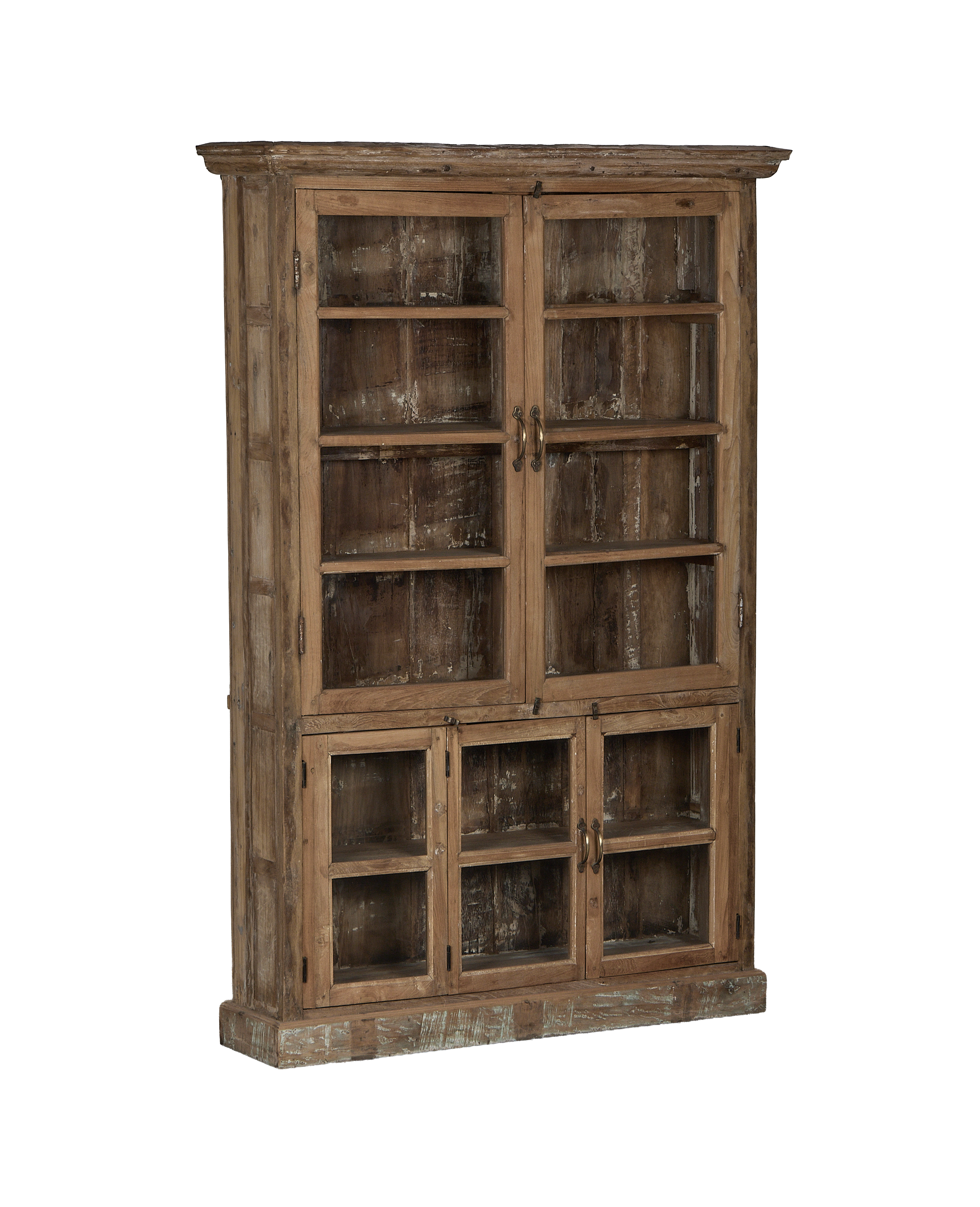 Vintage Indian bleached oak cabinet with glass doors showcasing upper and lower storage.