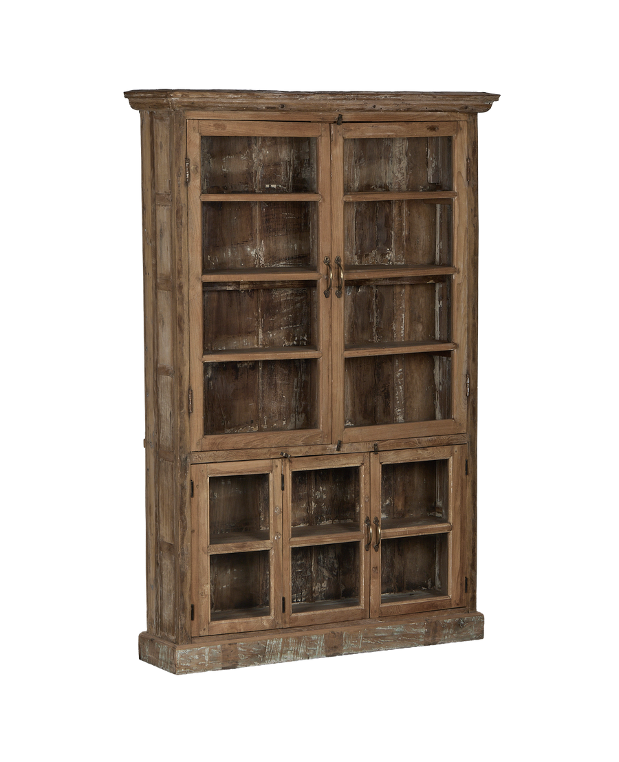 Vintage Indian bleached oak cabinet with glass doors showcasing upper and lower storage.