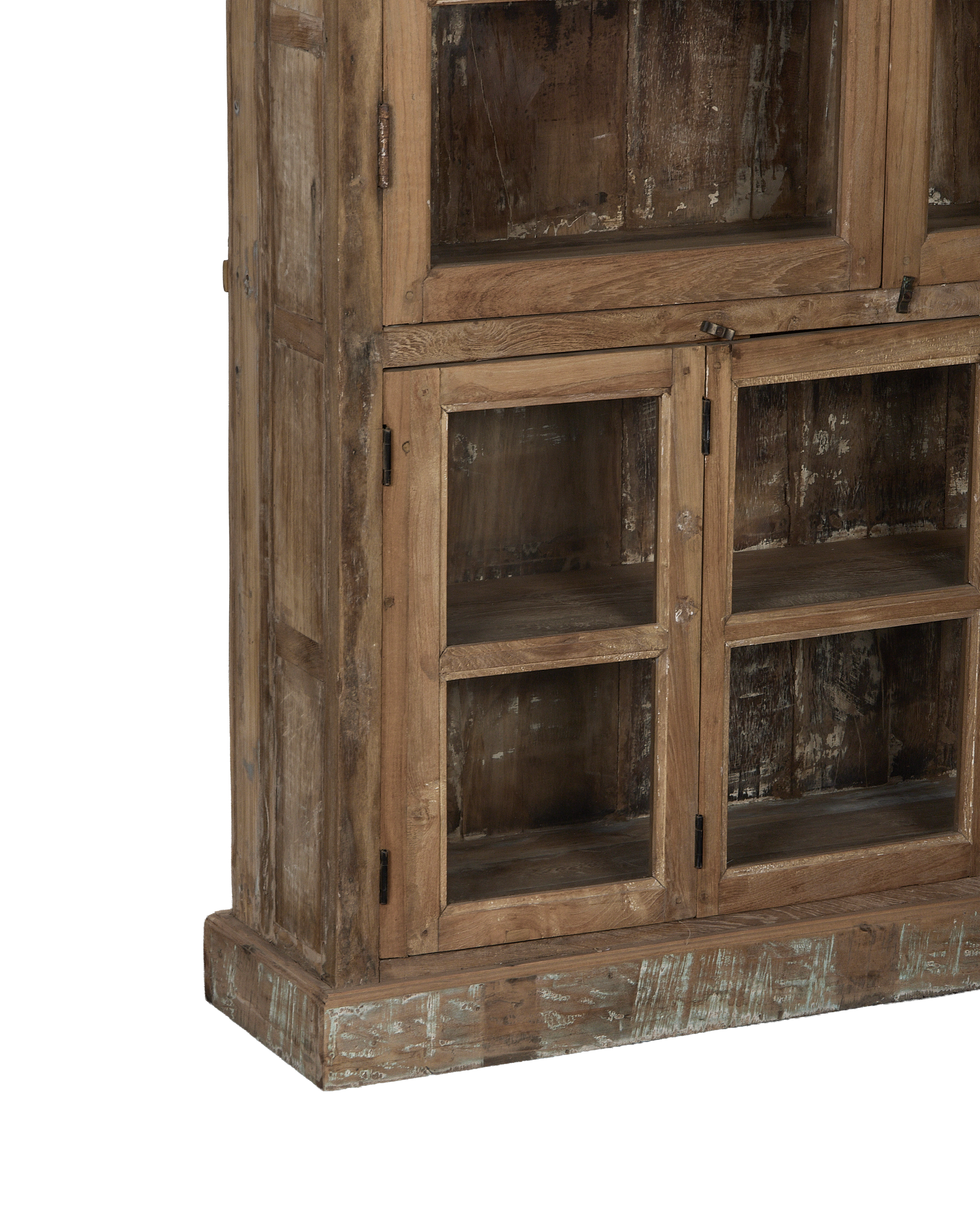 Vintage bleached oak wood cabinet with glass door details and distressed Indian style base.