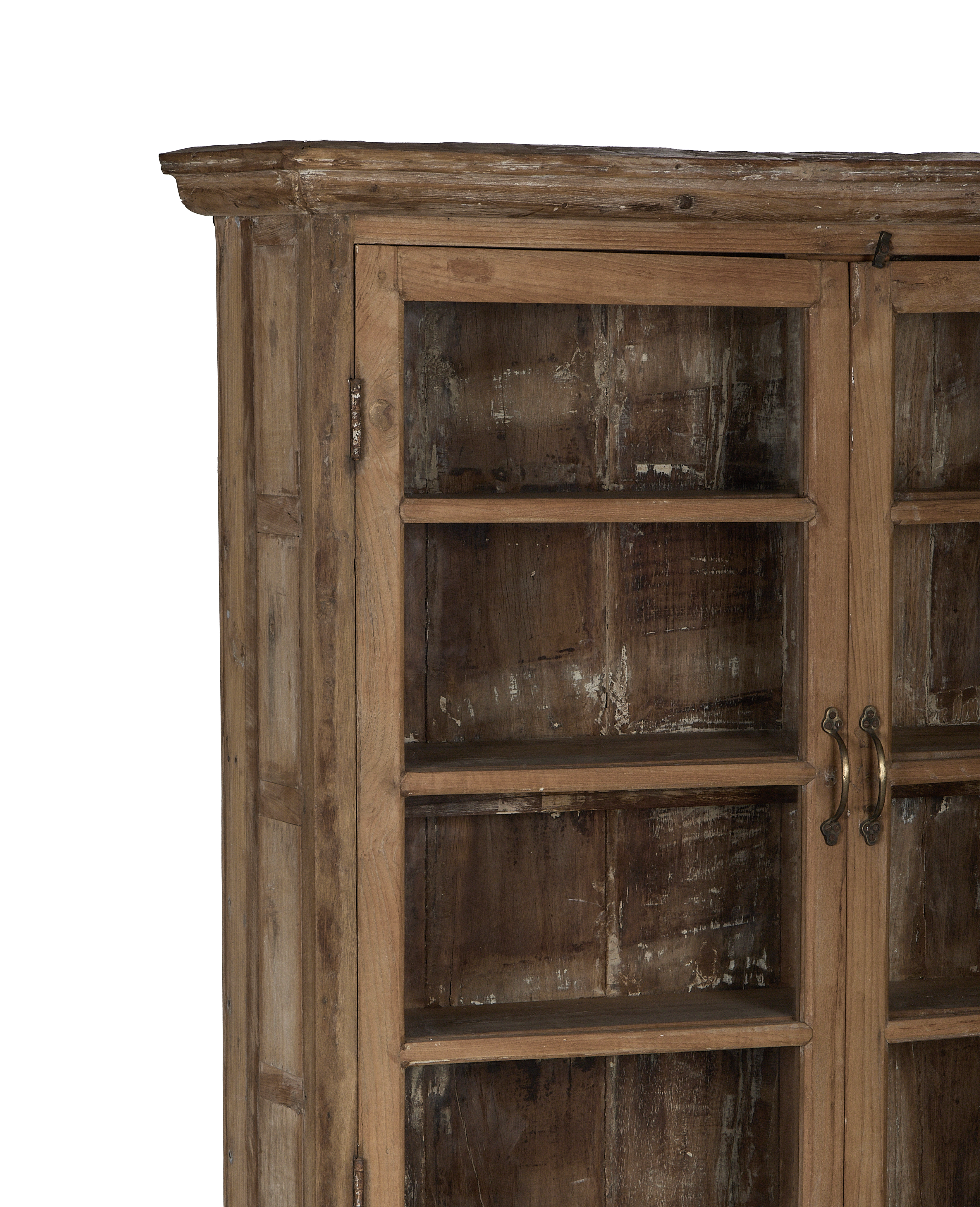 Vintage bleached oak cabinet from India, showing intricate glass details and rustic brass pull handles.