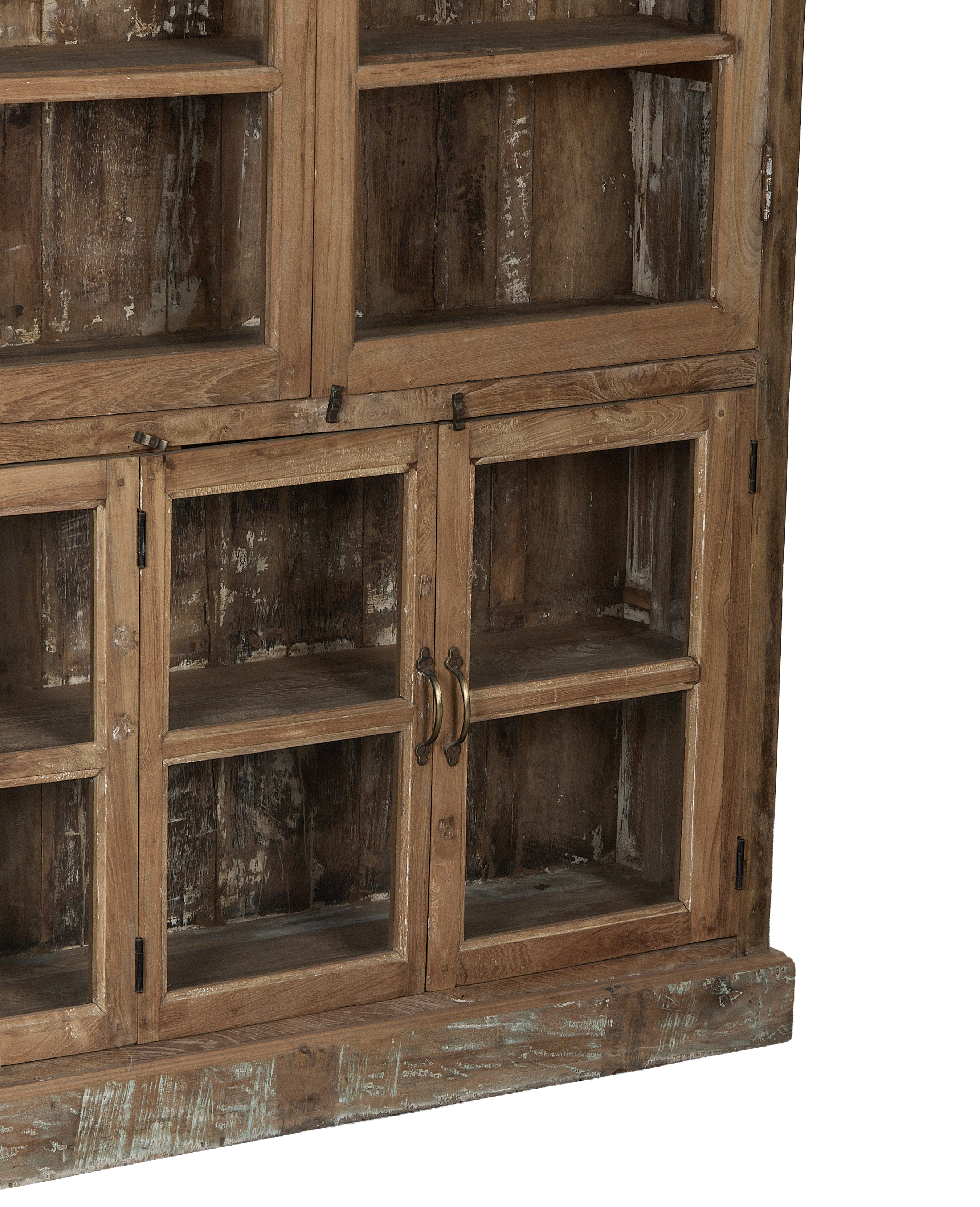 Vintage bleached oak cabinet from India, showing weathered wood and rustic hardware details.