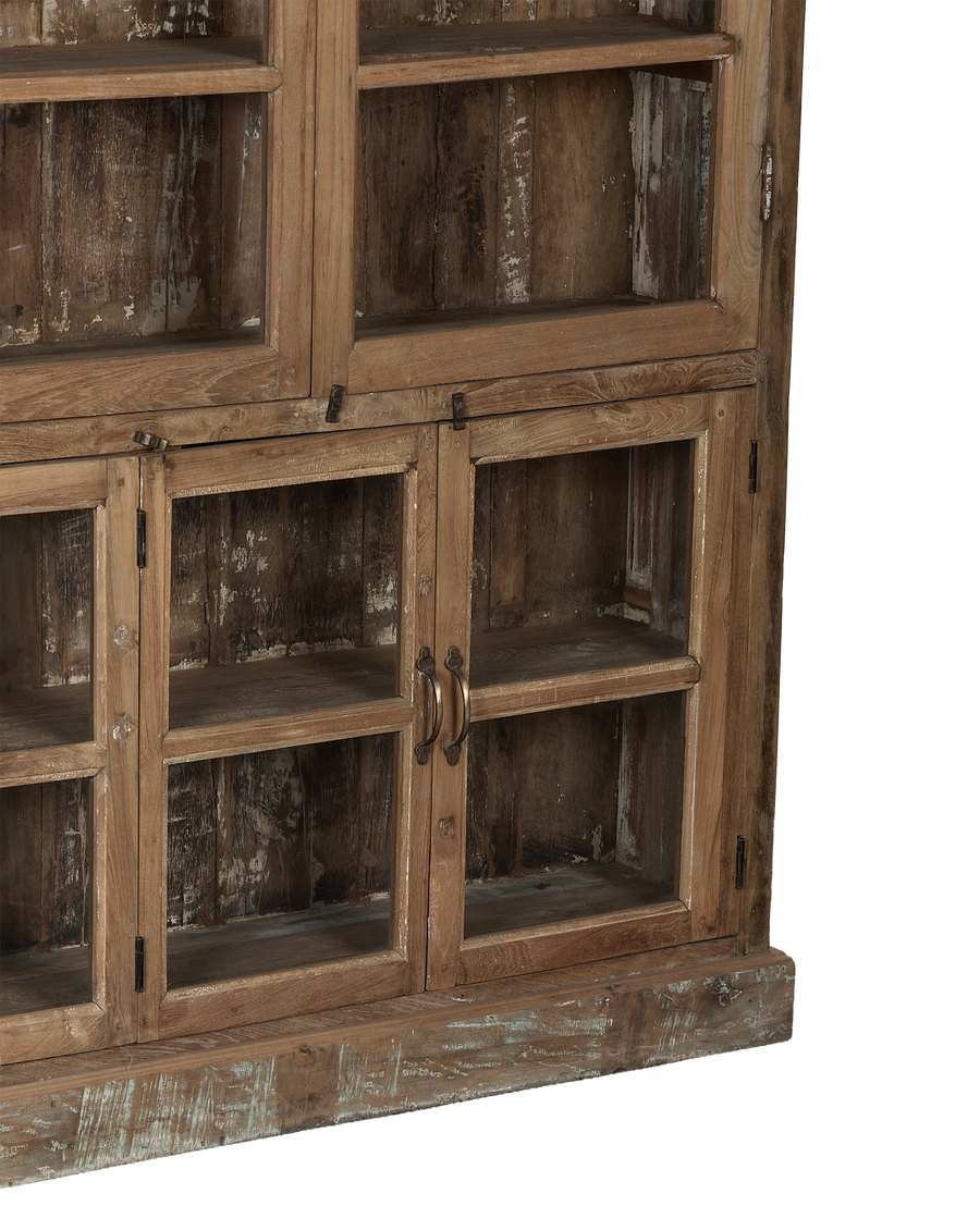 Vintage bleached oak cabinet from India, showing weathered wood and rustic hardware details.
