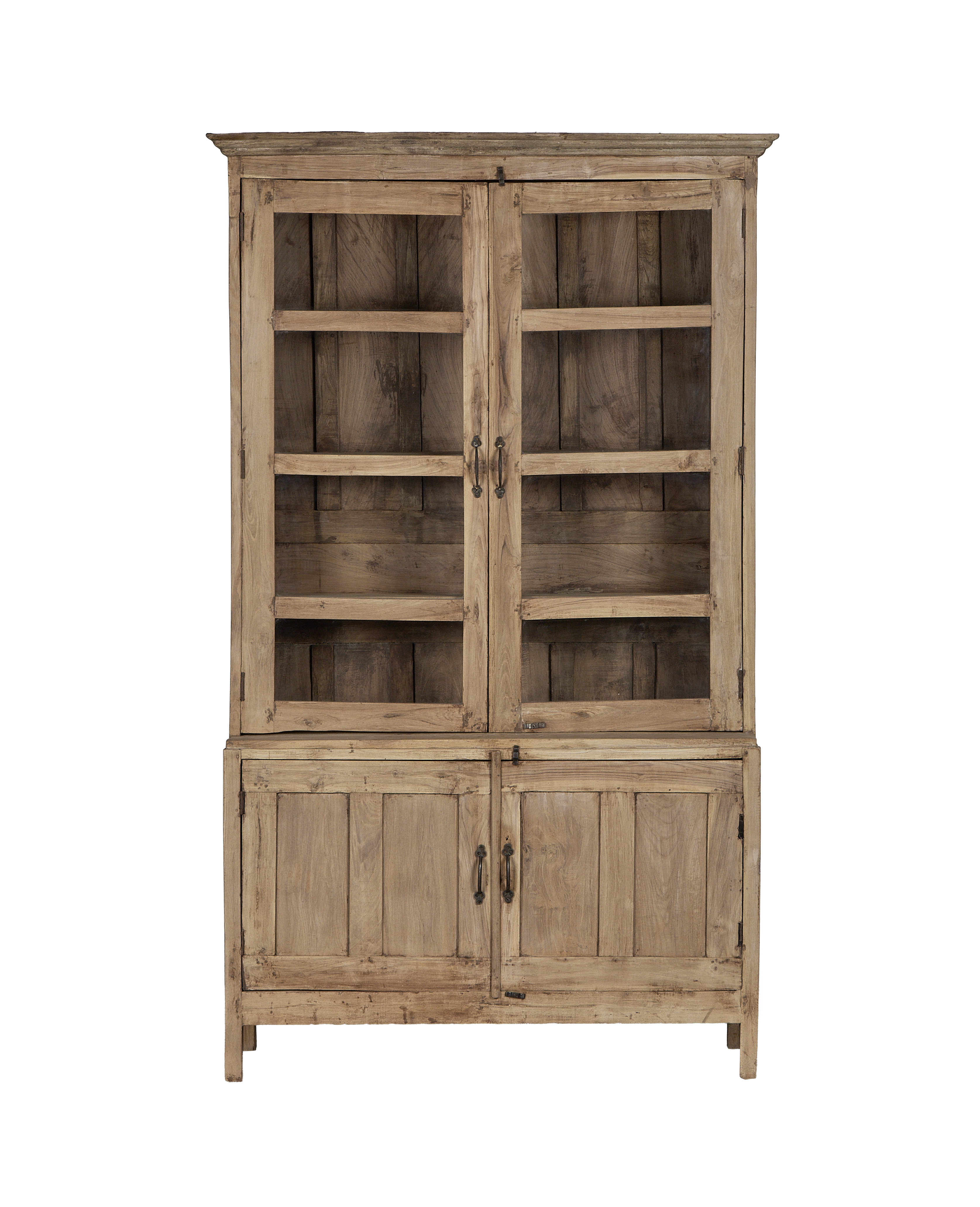 Bleached vintage oak wood cabinet from India with glass upper doors and closed lower doors.