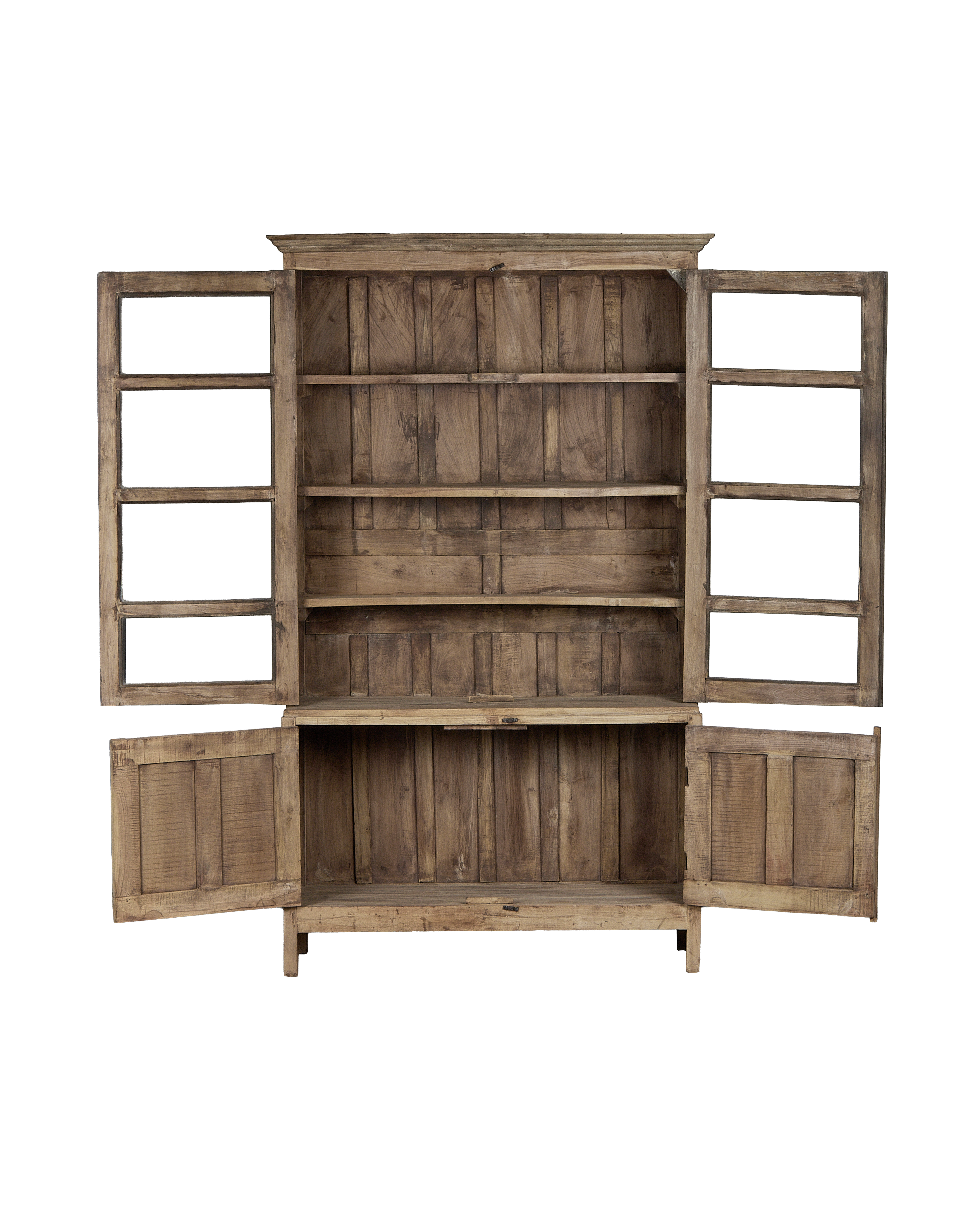 Vintage bleached oak cabinet from India, open doors reveal storage shelves.