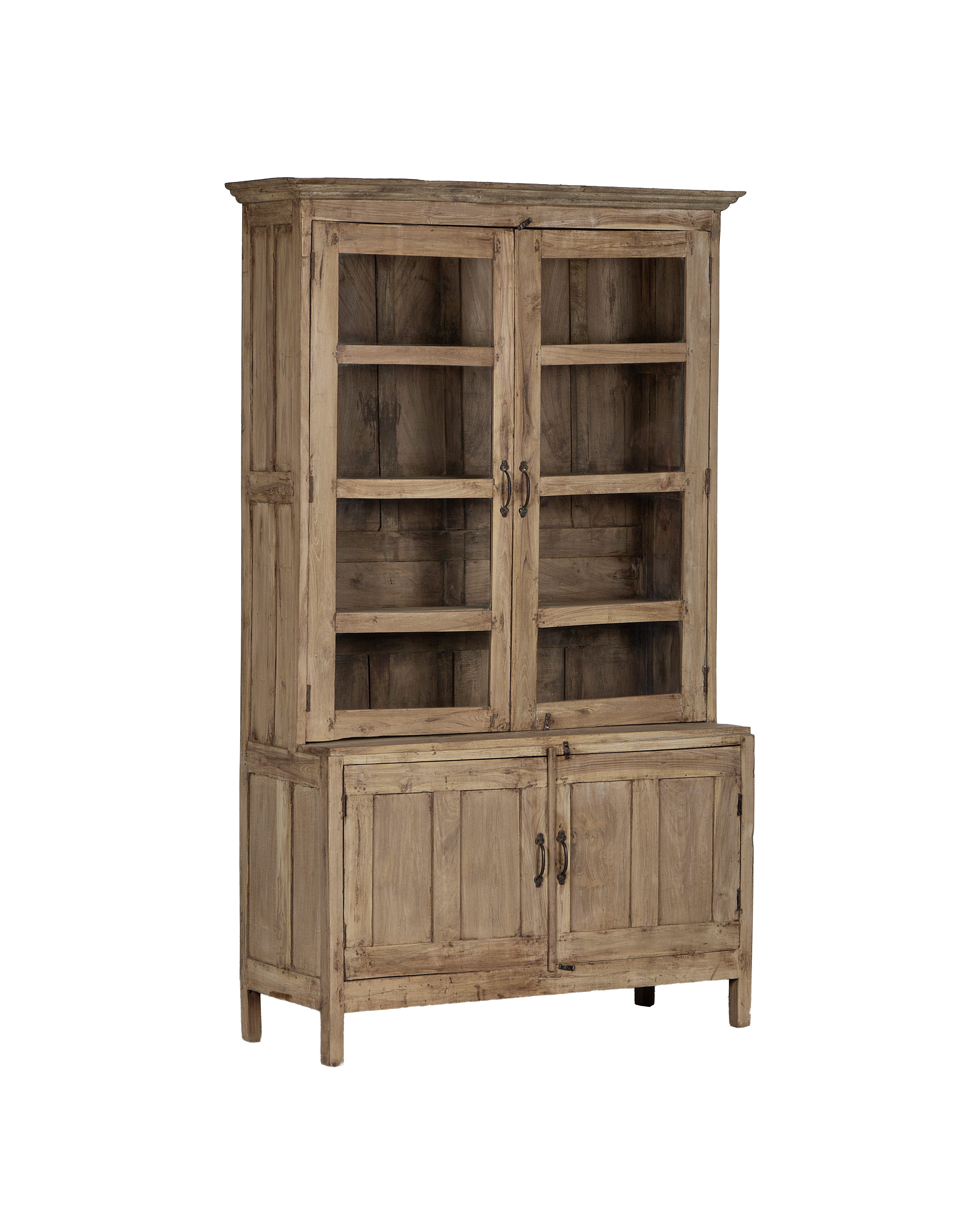 Vintage bleached oak cabinet from India, displaying glass-paneled top and solid wood lower doors.