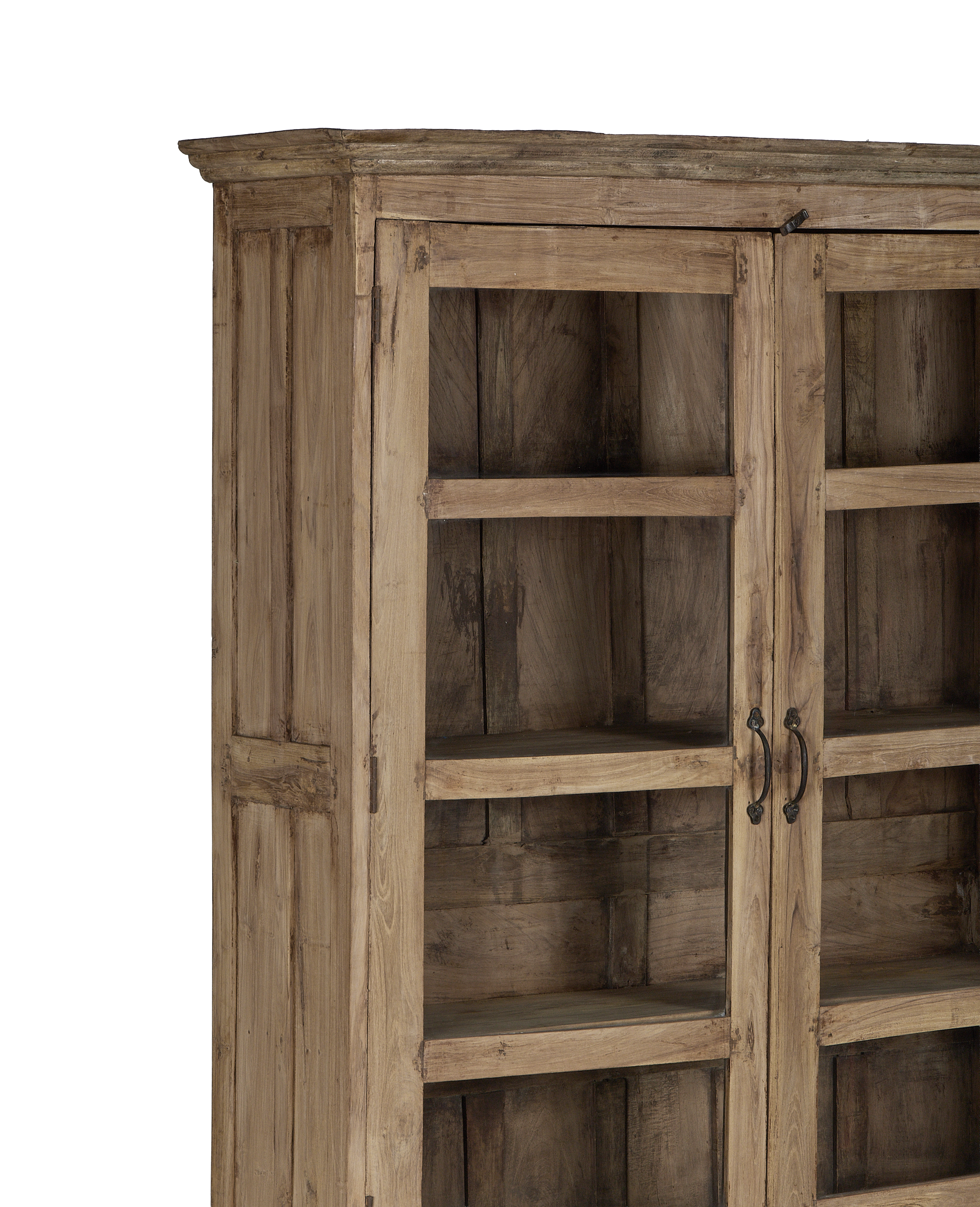 Vintage bleached oak cabinet from India, showing detailed wood grain, glass doors, and shelves.