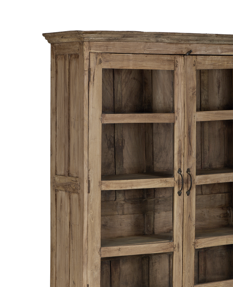 Vintage bleached oak cabinet from India, showing detailed wood grain, glass doors, and shelves.