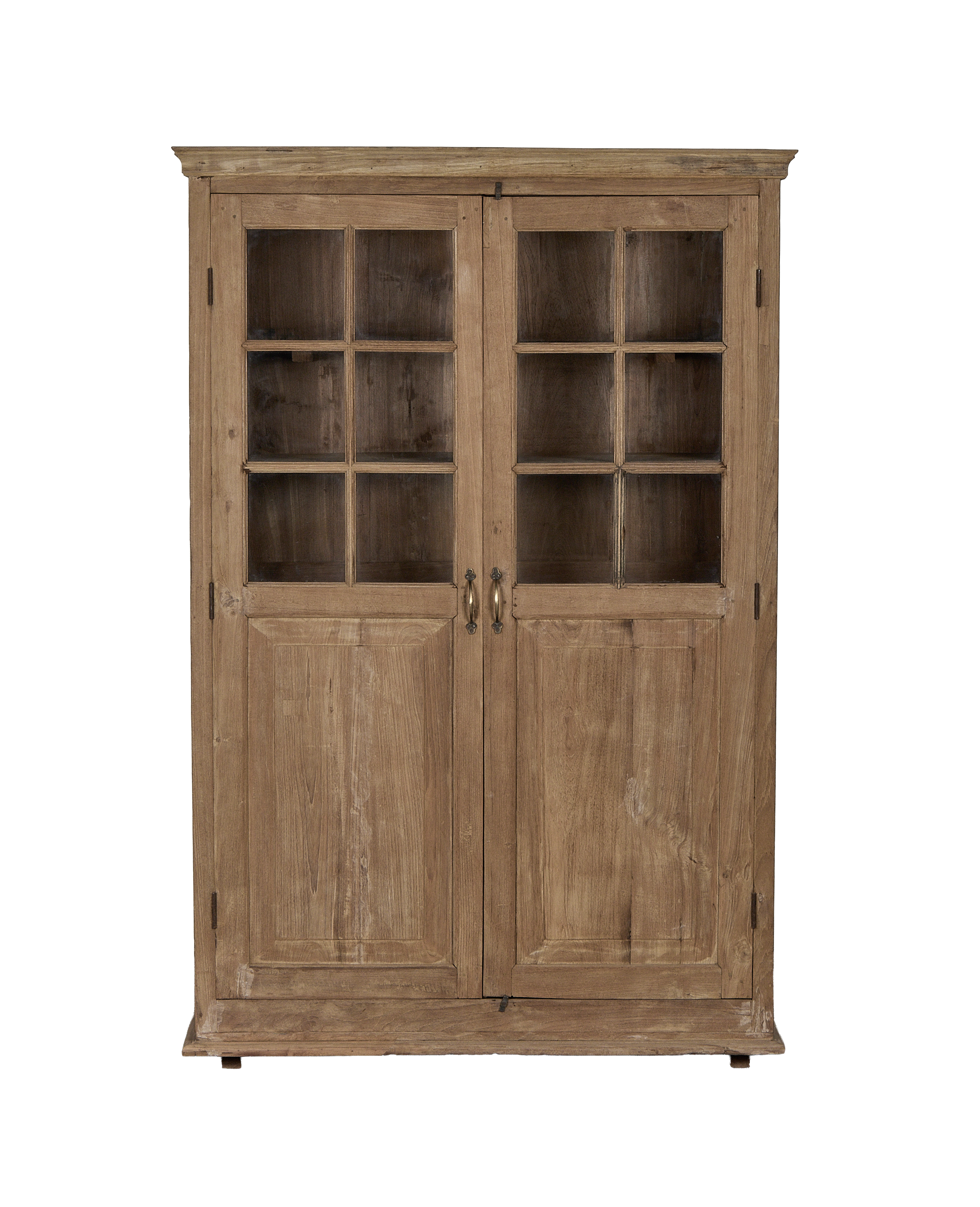 Vintage bleached oak cabinet from India, with display doors, brown handles, full view.