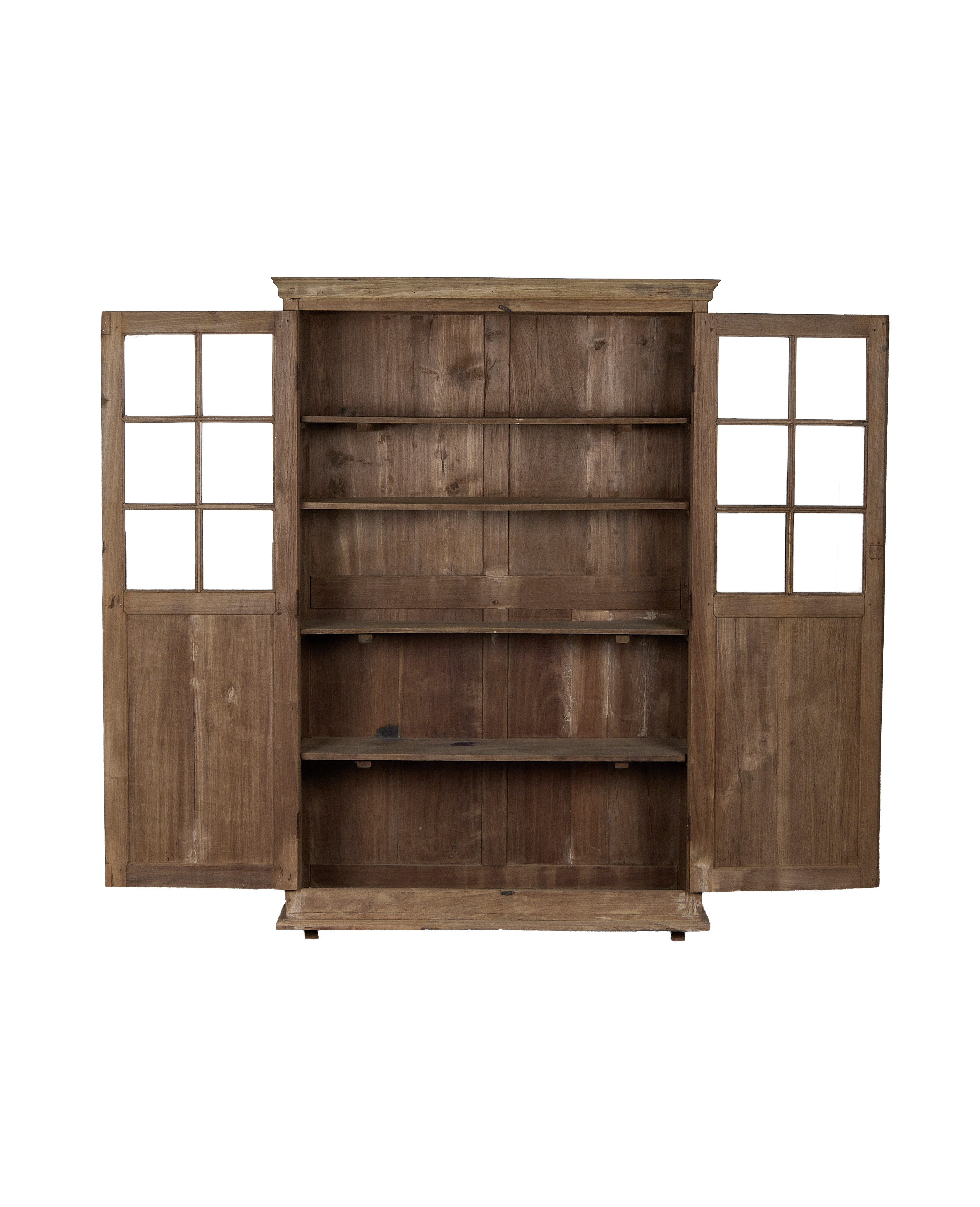 Vintage bleached oak Indian cabinet with glass paneled doors fully open, showing interior shelves.