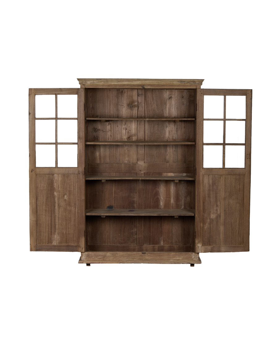 Vintage bleached oak Indian cabinet with glass paneled doors fully open, showing interior shelves.
