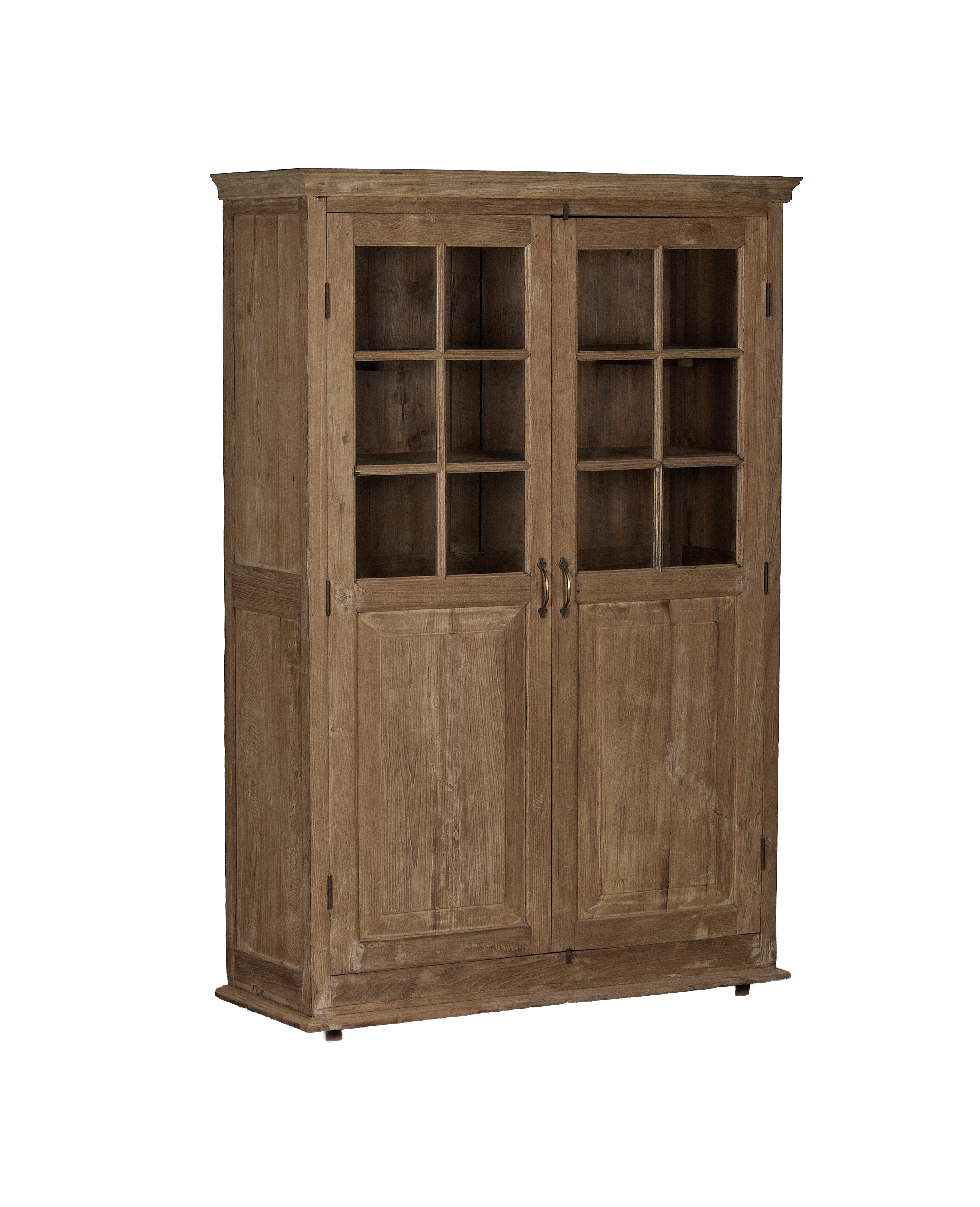 Full view: Vintage bleached oak cabinet from India, displaying rustic wood grain and glass panels.