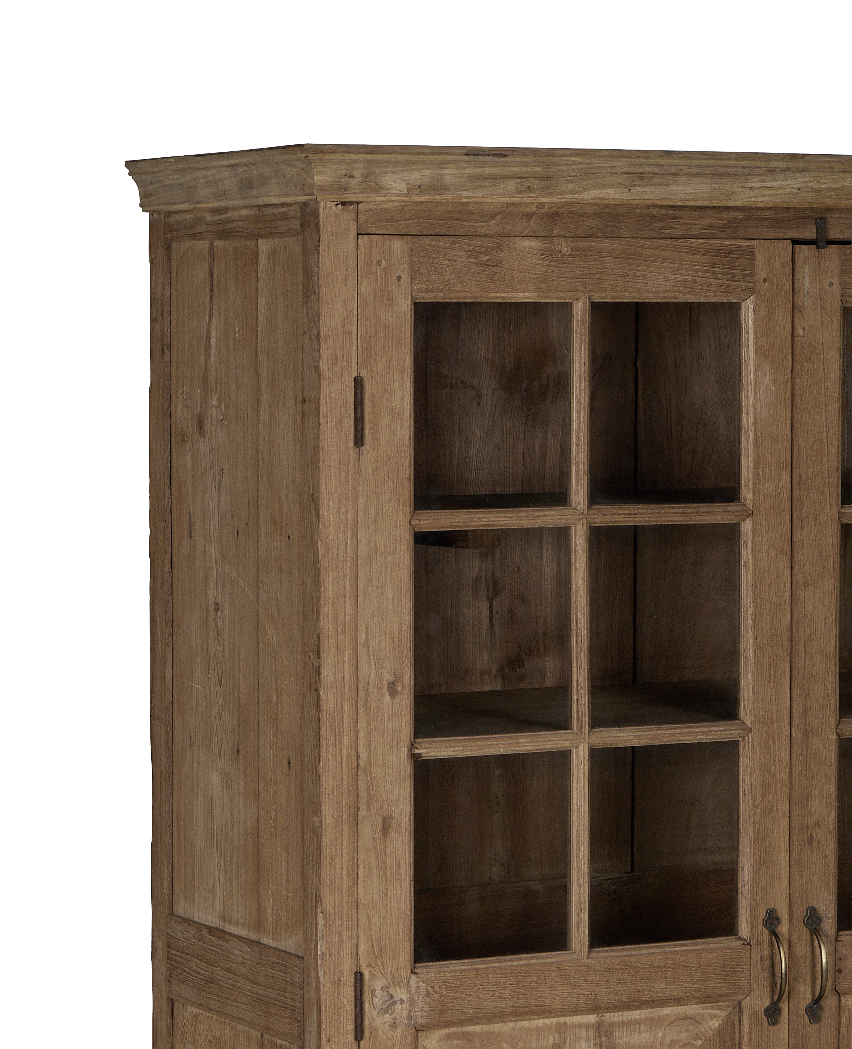 Left detail of vintage bleached oak cabinet, showing intricate windowpane glass door.