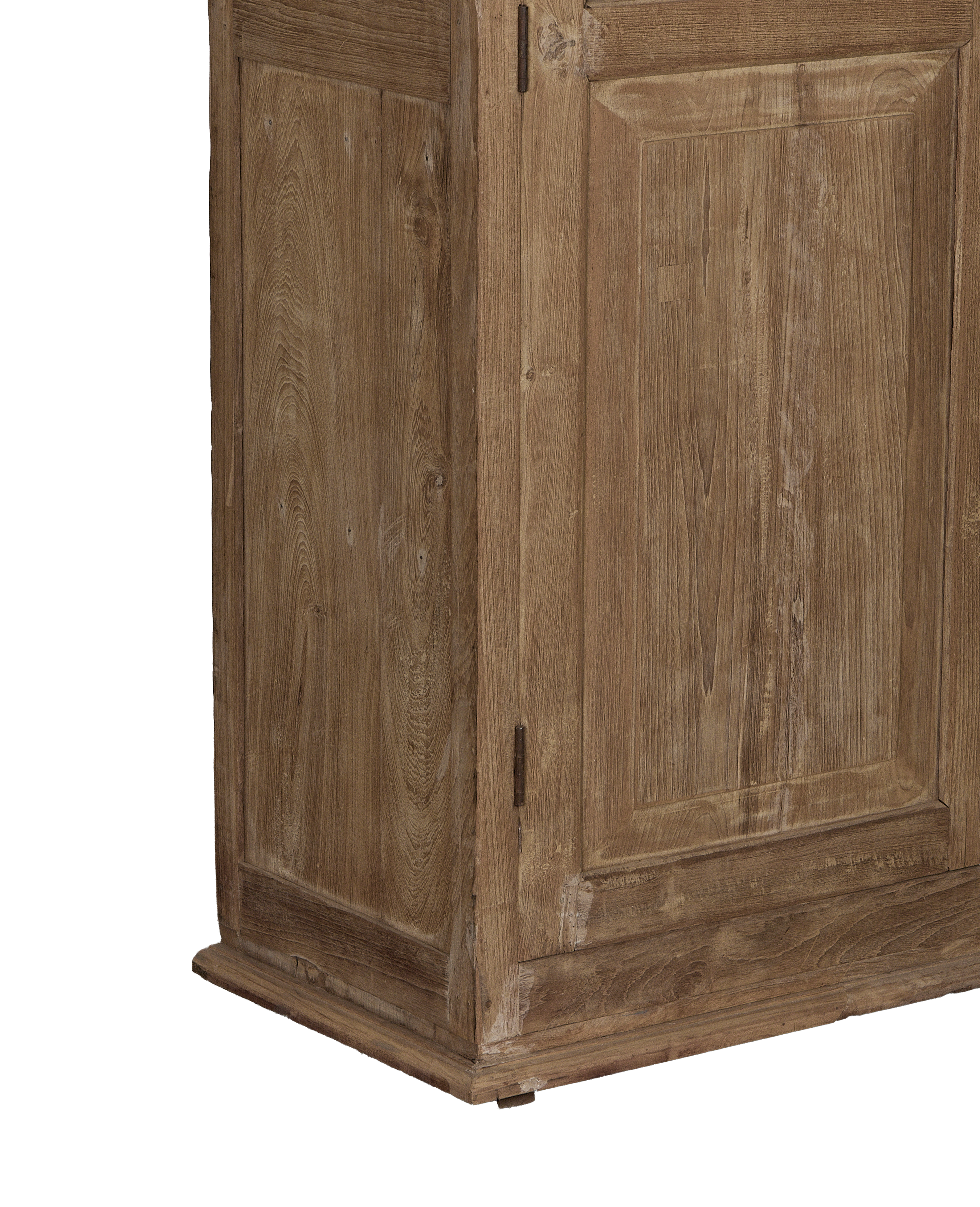 Vintage Indian bleached oak cabinet, showing rustic wood grain, paneling, and base details.