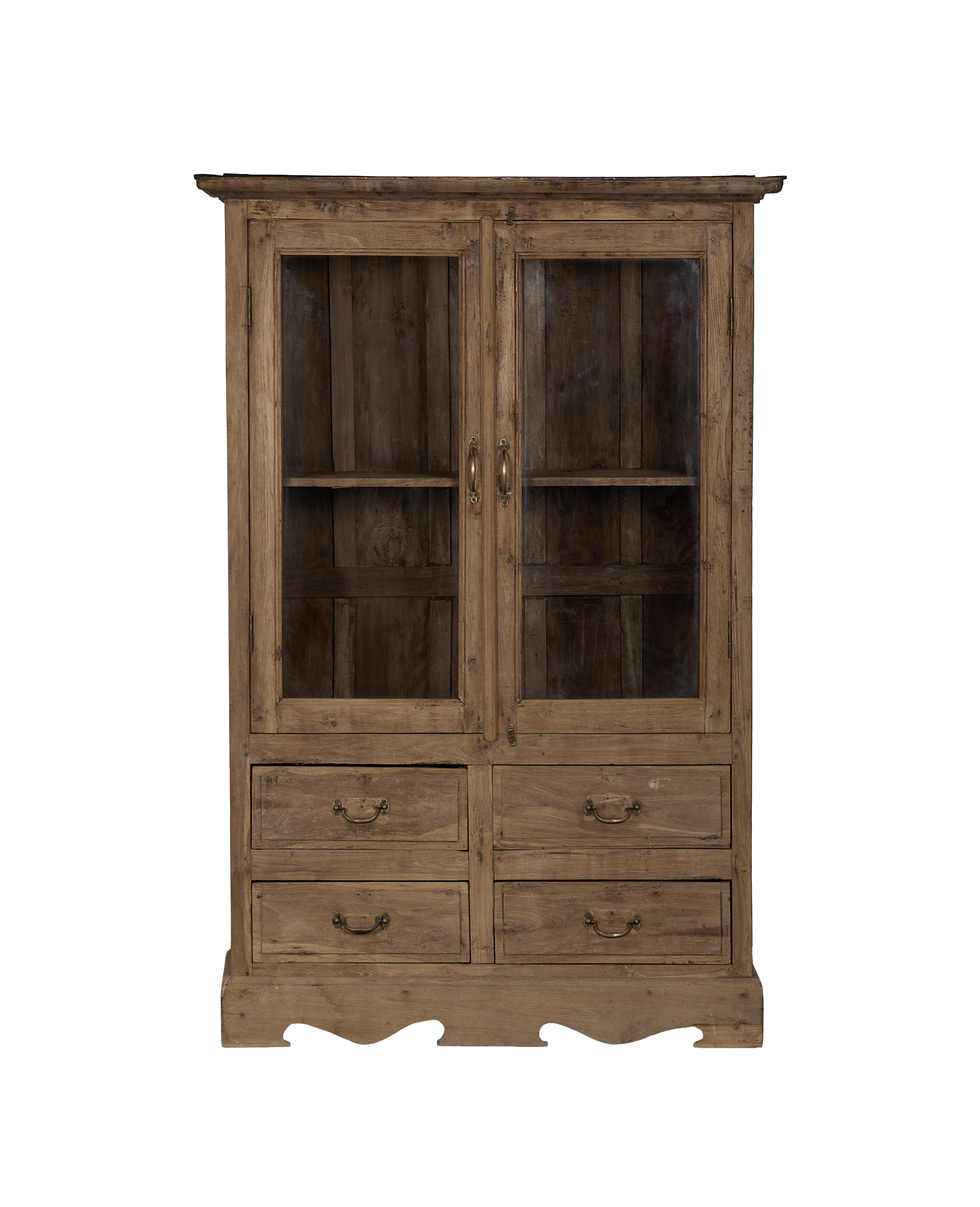 Vintage bleached oak display cabinet from India with glass doors and drawers.
