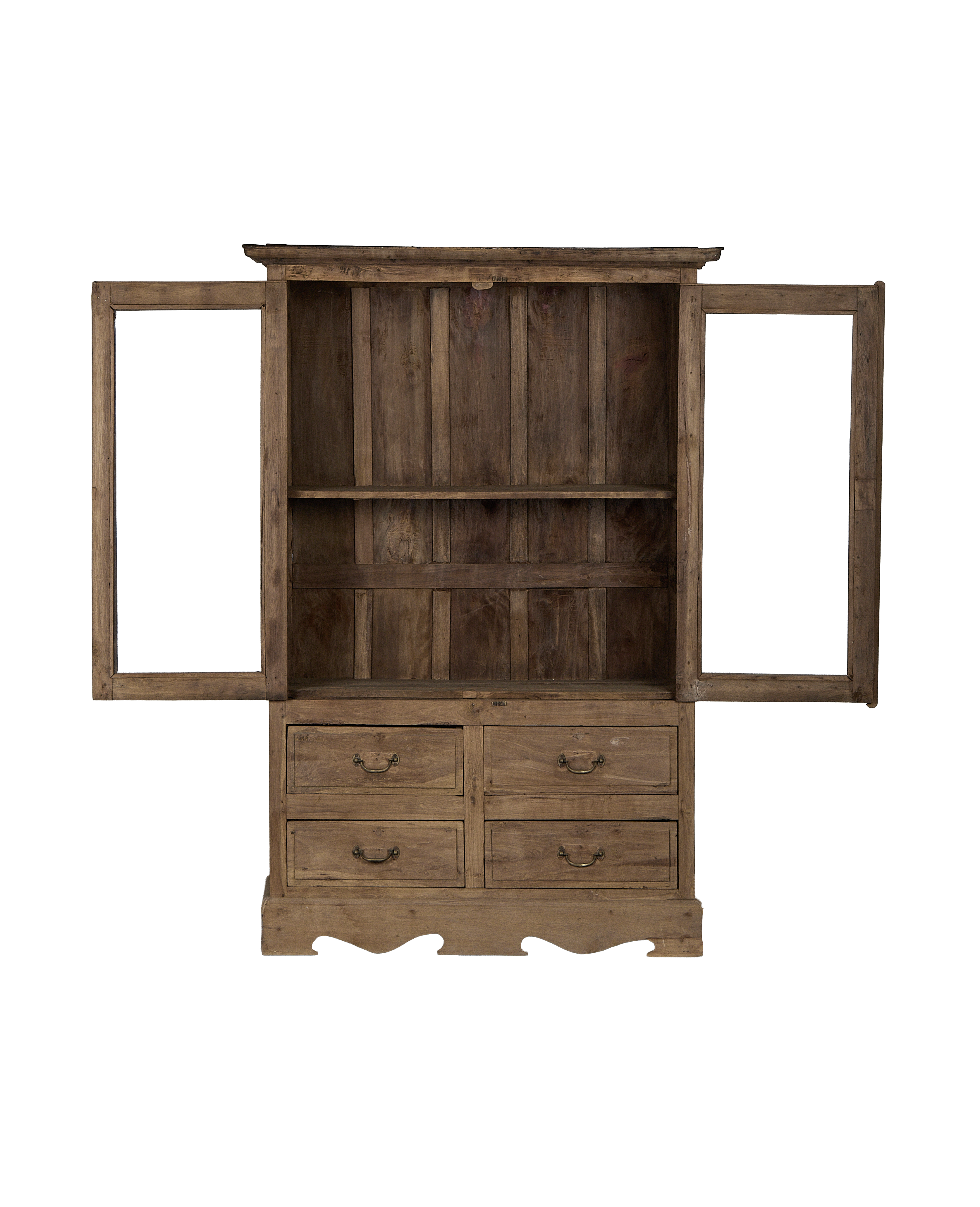Vintage Indian bleached oak cabinet with open doors, revealing interior shelves and four drawers.