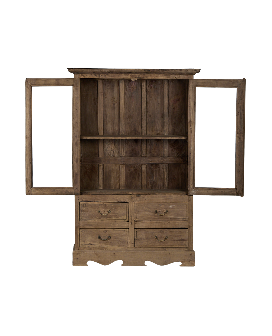 Vintage Indian bleached oak cabinet with open doors, revealing interior shelves and four drawers.