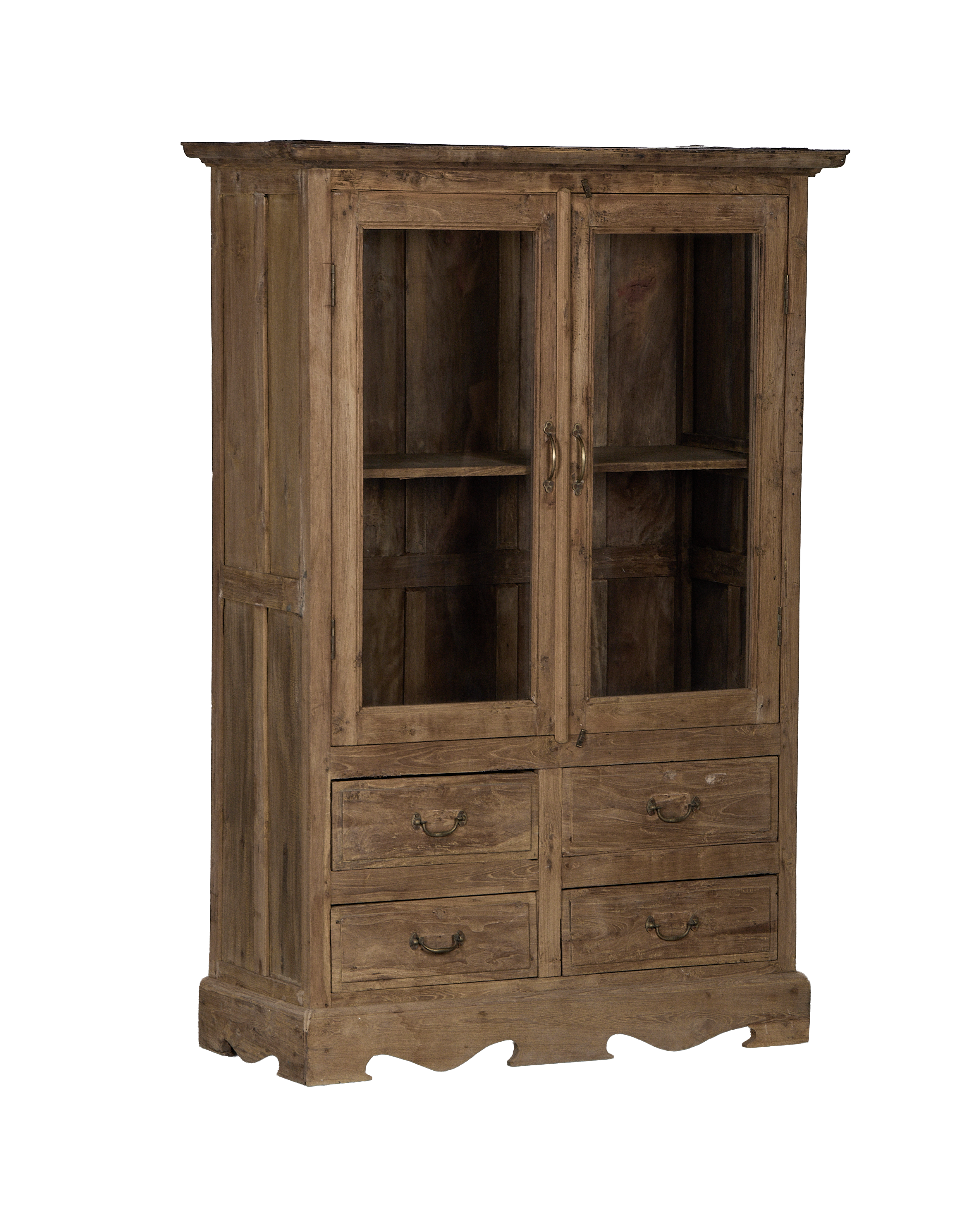 Vintage bleached oak wood cabinet with glass doors and drawers, front view.