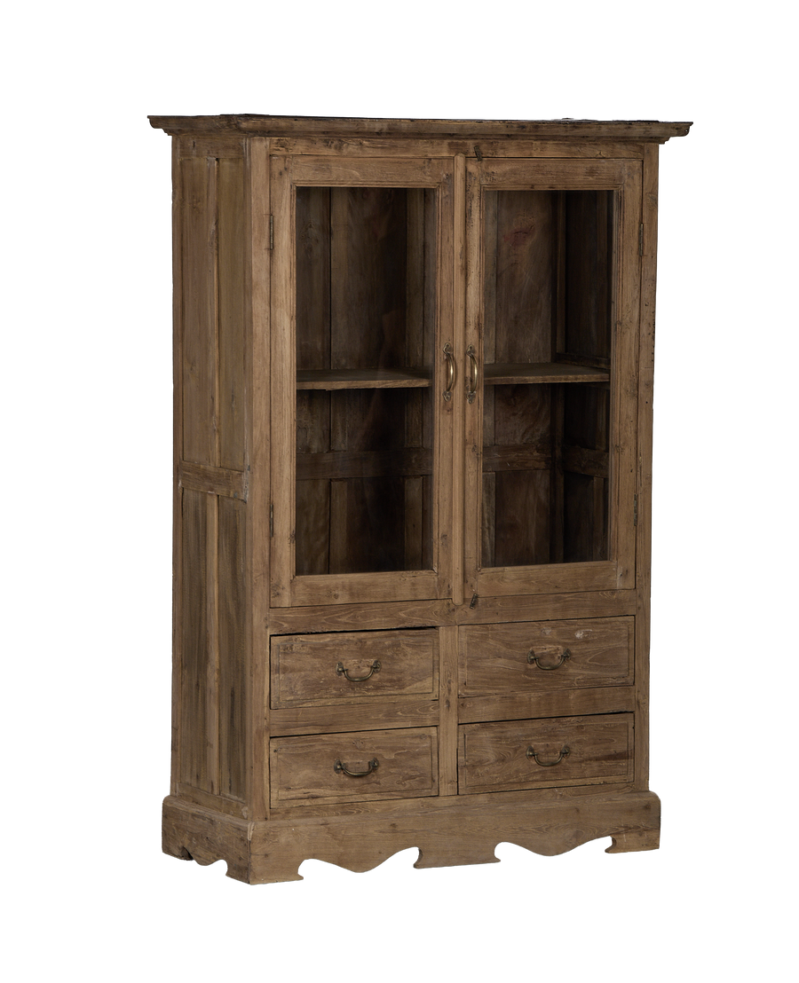 Vintage bleached oak wood cabinet with glass doors and drawers, front view.