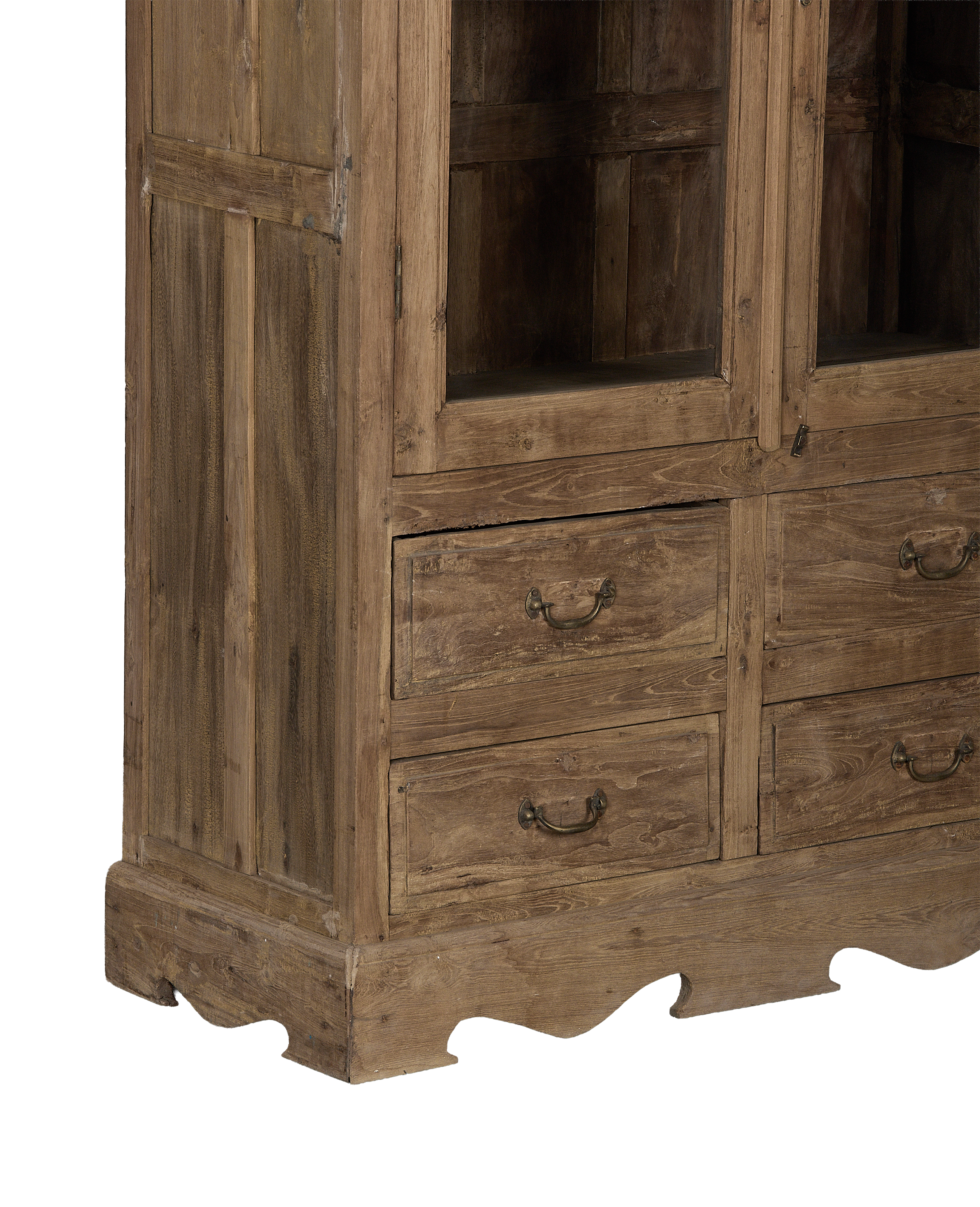 Vintage bleached oak cabinet from India, showcasing ornate carved base details and two lower drawers.