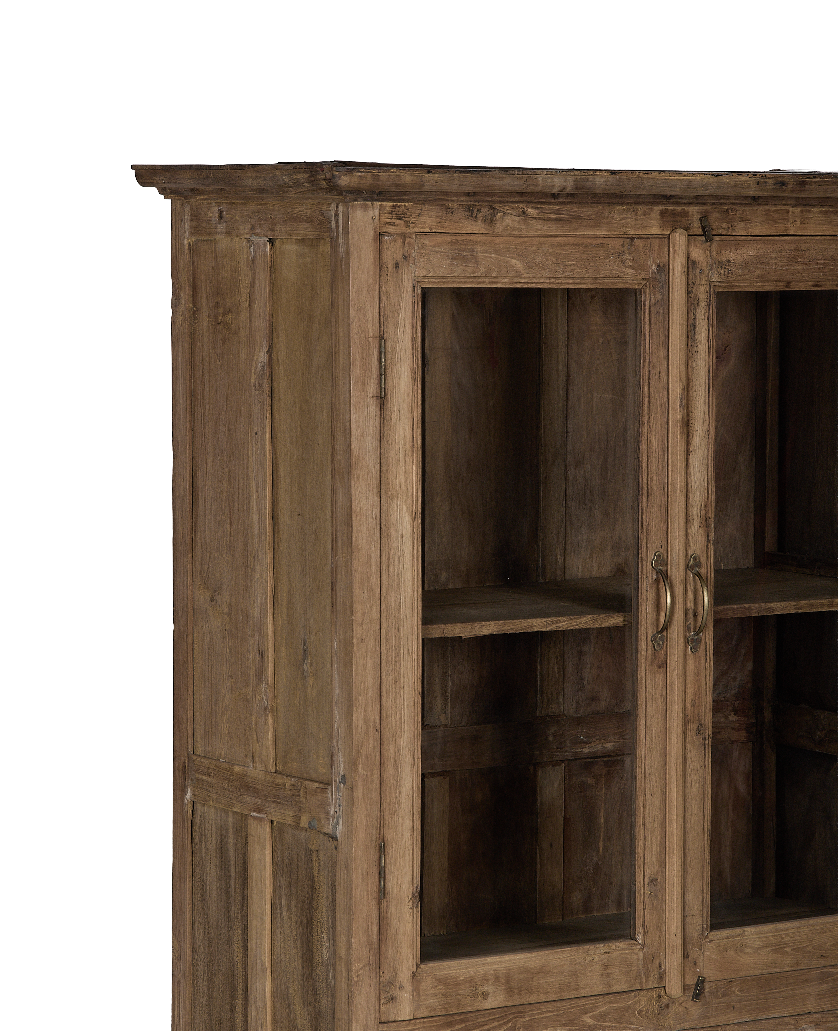 Vintage bleached oak cabinet side view, showing glass door detail, aged hardware.