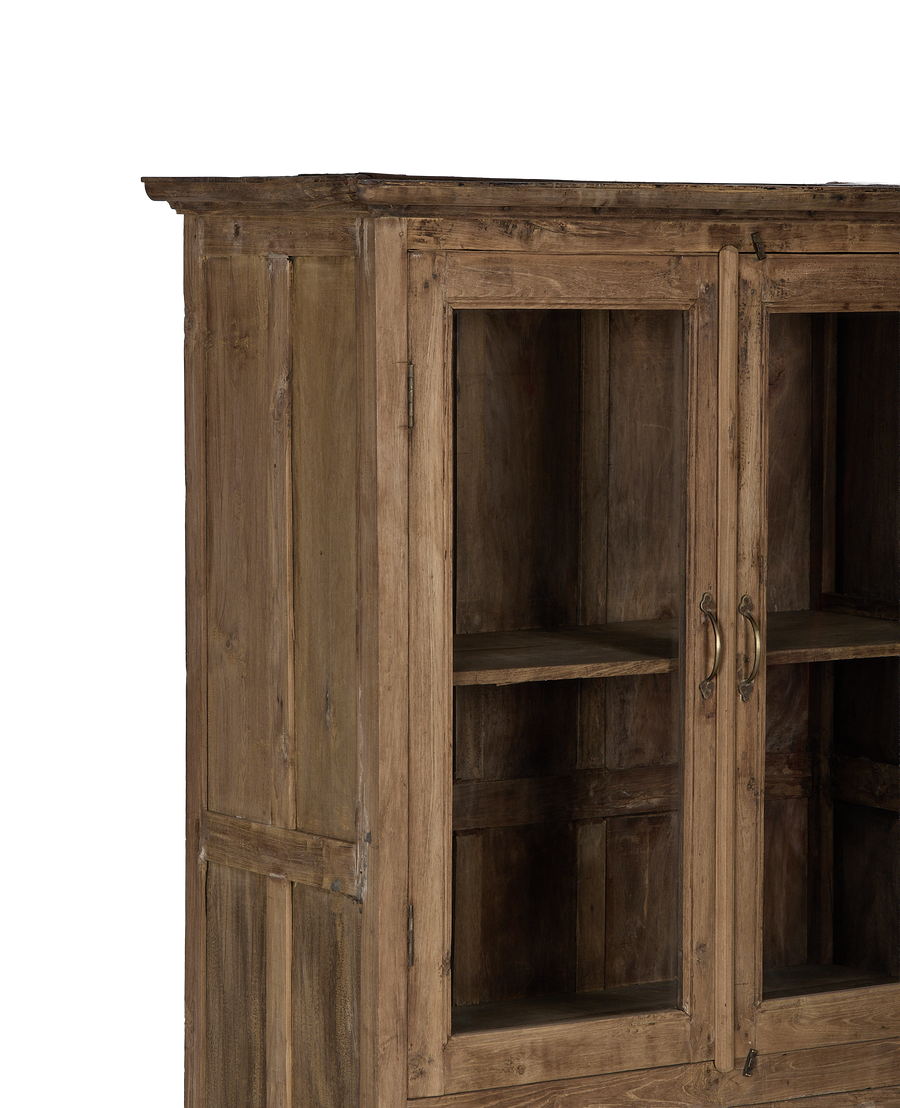 Vintage bleached oak cabinet side view, showing glass door detail, aged hardware.