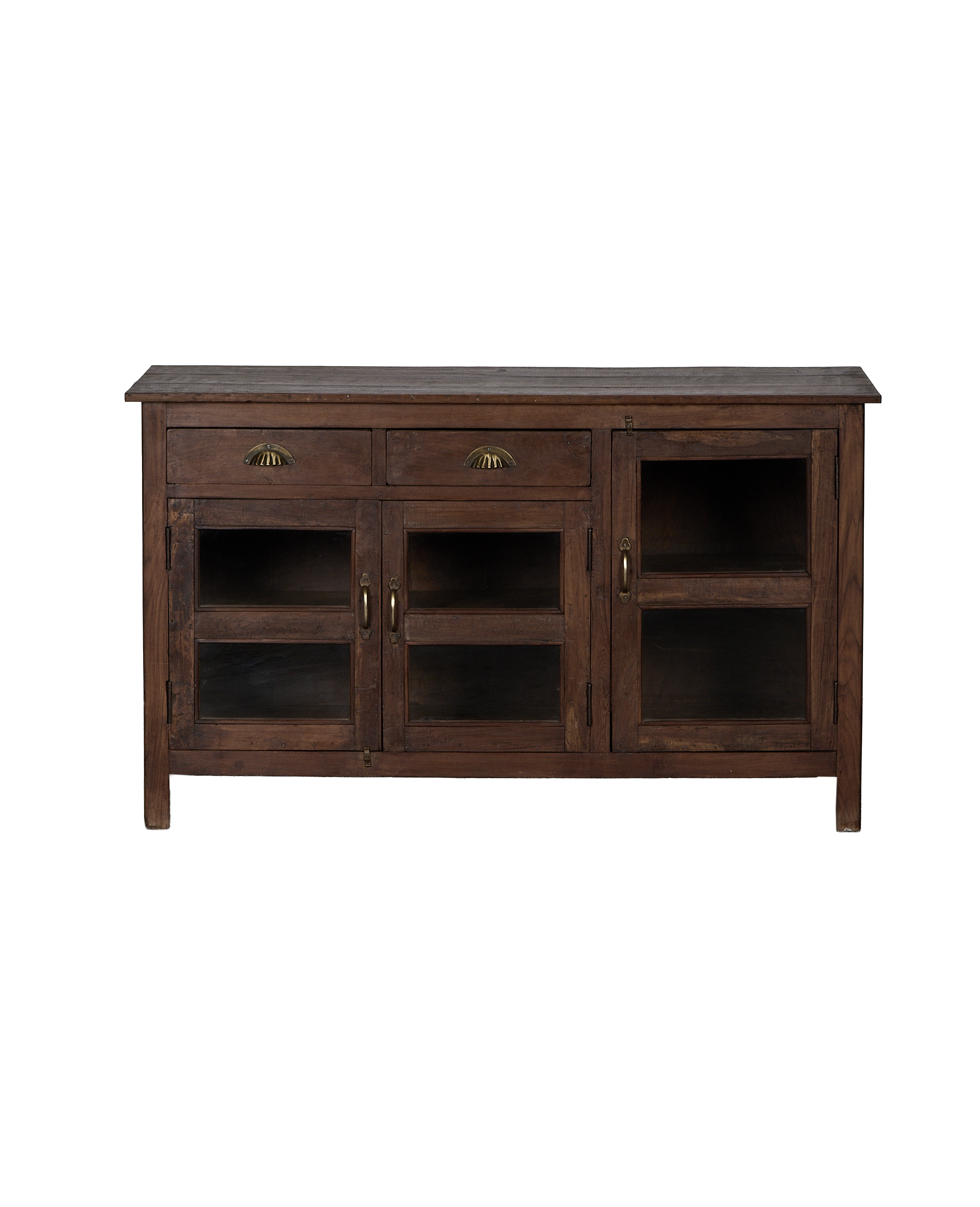 Vintage Indian oak sideboard, natural distressed wood with three glass panel doors and drawers.