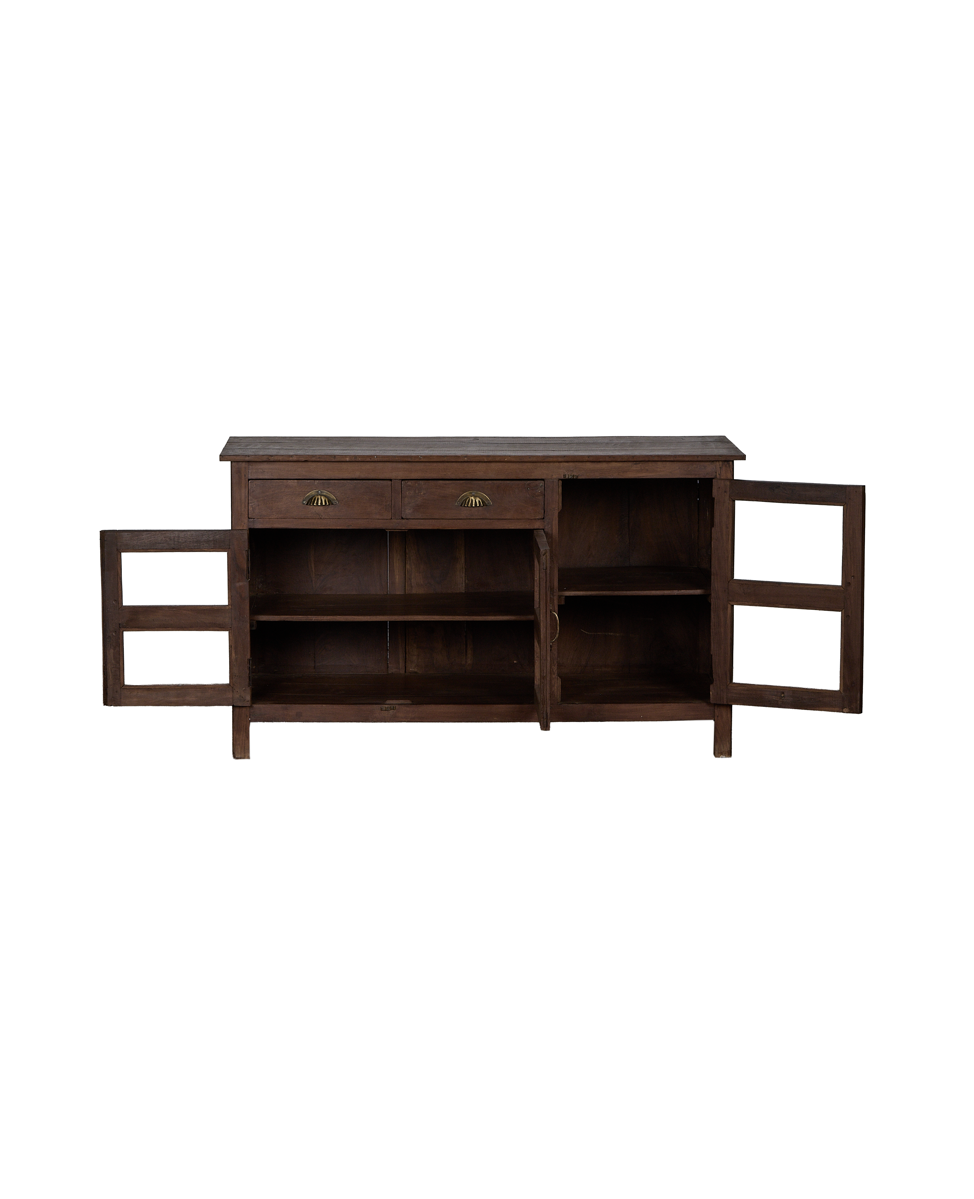 Vintage oak sideboard from India with all doors open, showcasing internal shelves, drawers, and brass pulls.