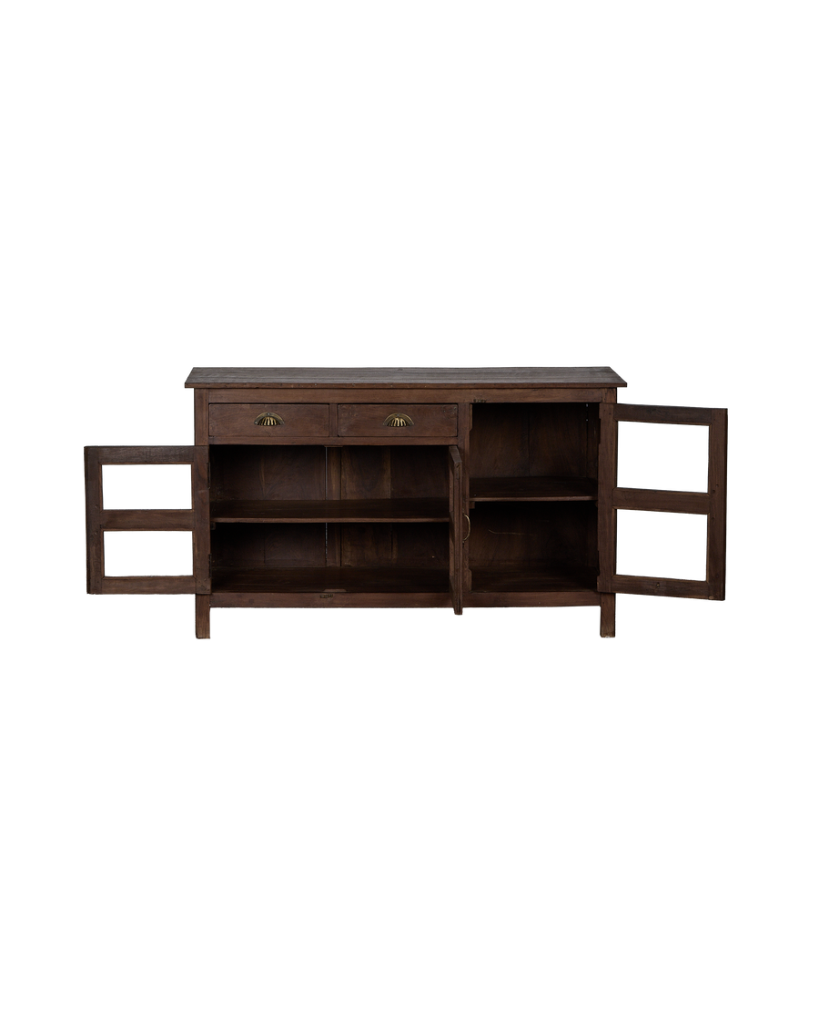 Vintage oak sideboard from India with all doors open, showcasing internal shelves, drawers, and brass pulls.