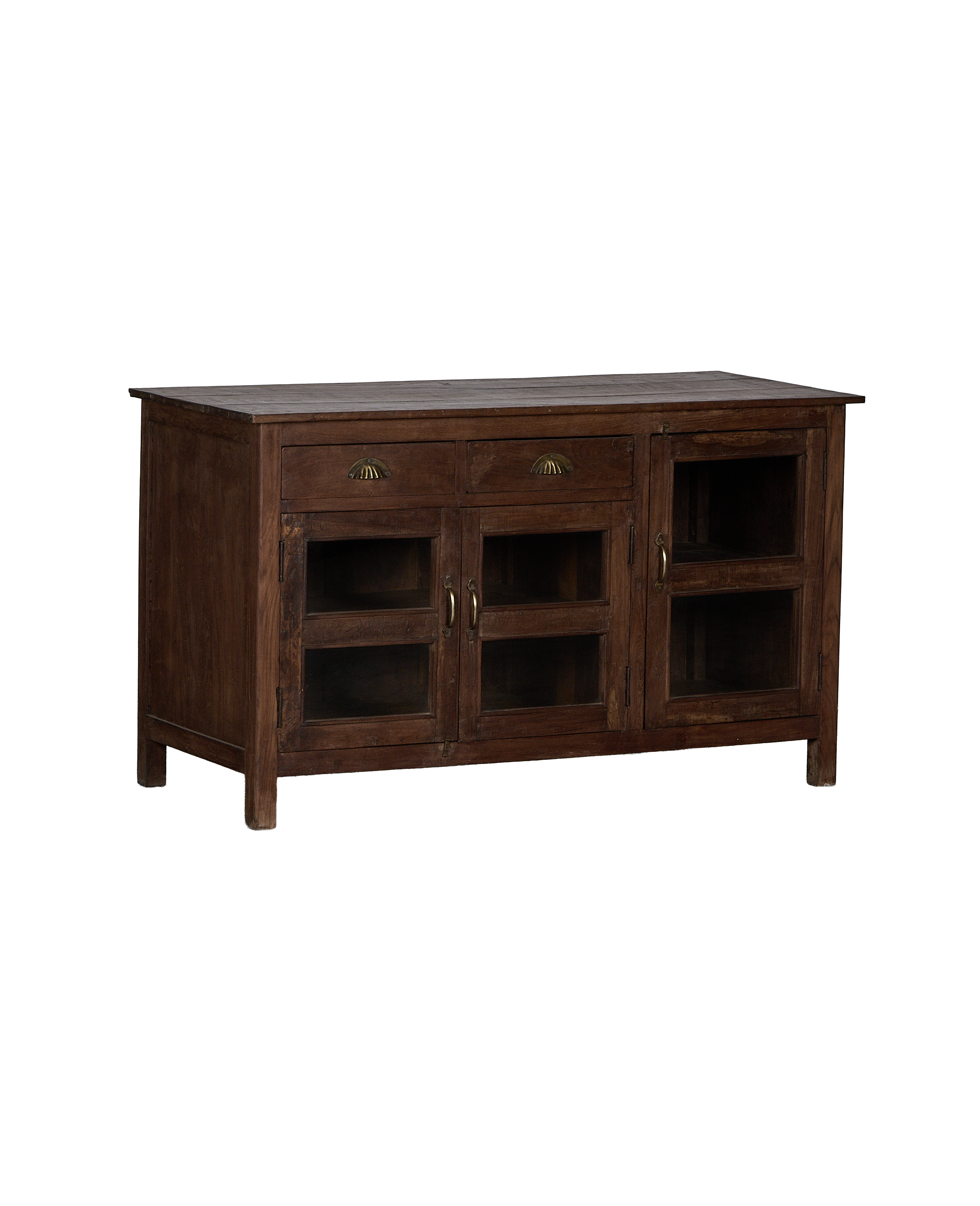 Vintage Indian oak sideboard, natural wood, three glass-front doors, and two drawers.
