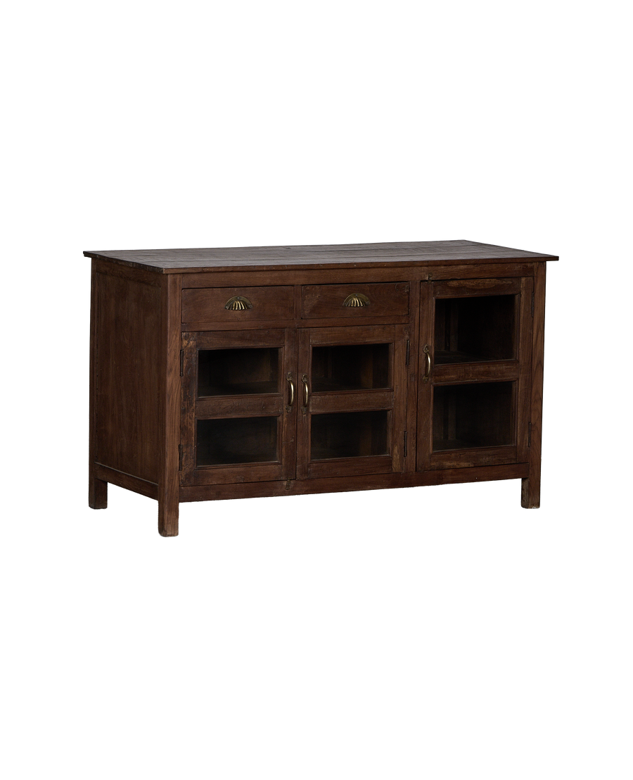 Vintage Indian oak sideboard, natural wood, three glass-front doors, and two drawers.