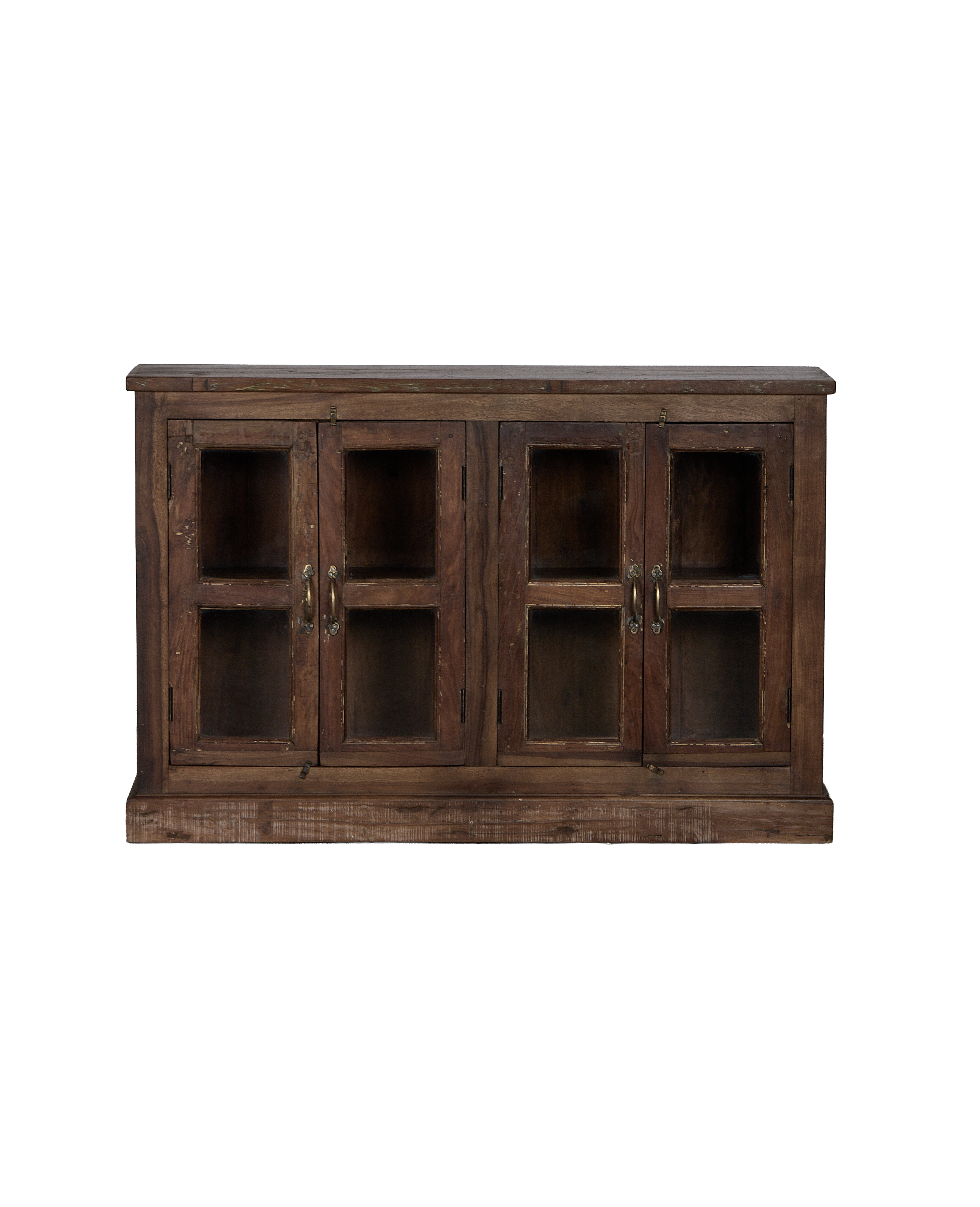 Vintage natural oak wood sideboard from India with distressed finish and glass doors.