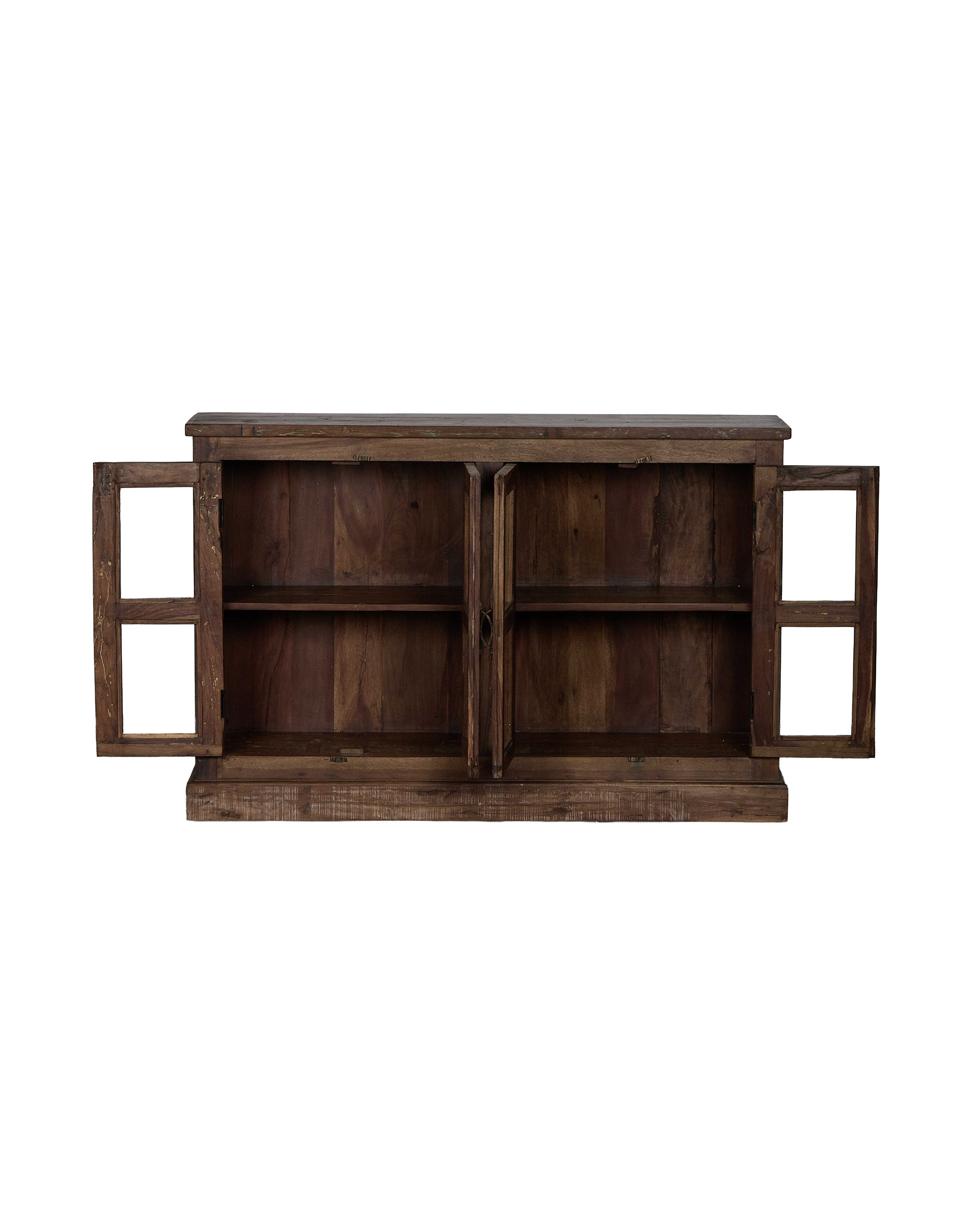 Vintage Indian oak sideboard, natural wood grain, with all cabinet doors widely open showing shelves.