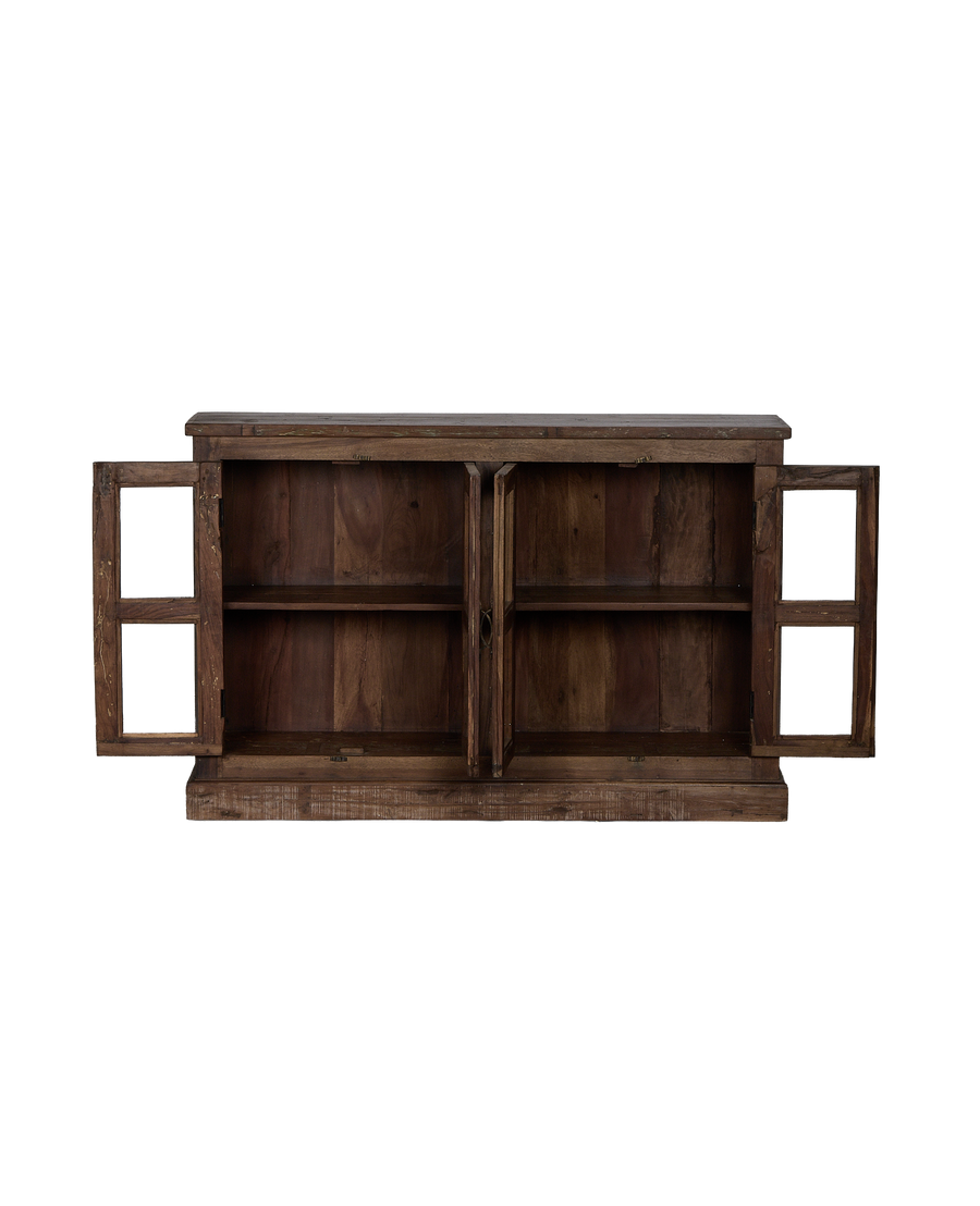 Vintage Indian oak sideboard, natural wood grain, with all cabinet doors widely open showing shelves.