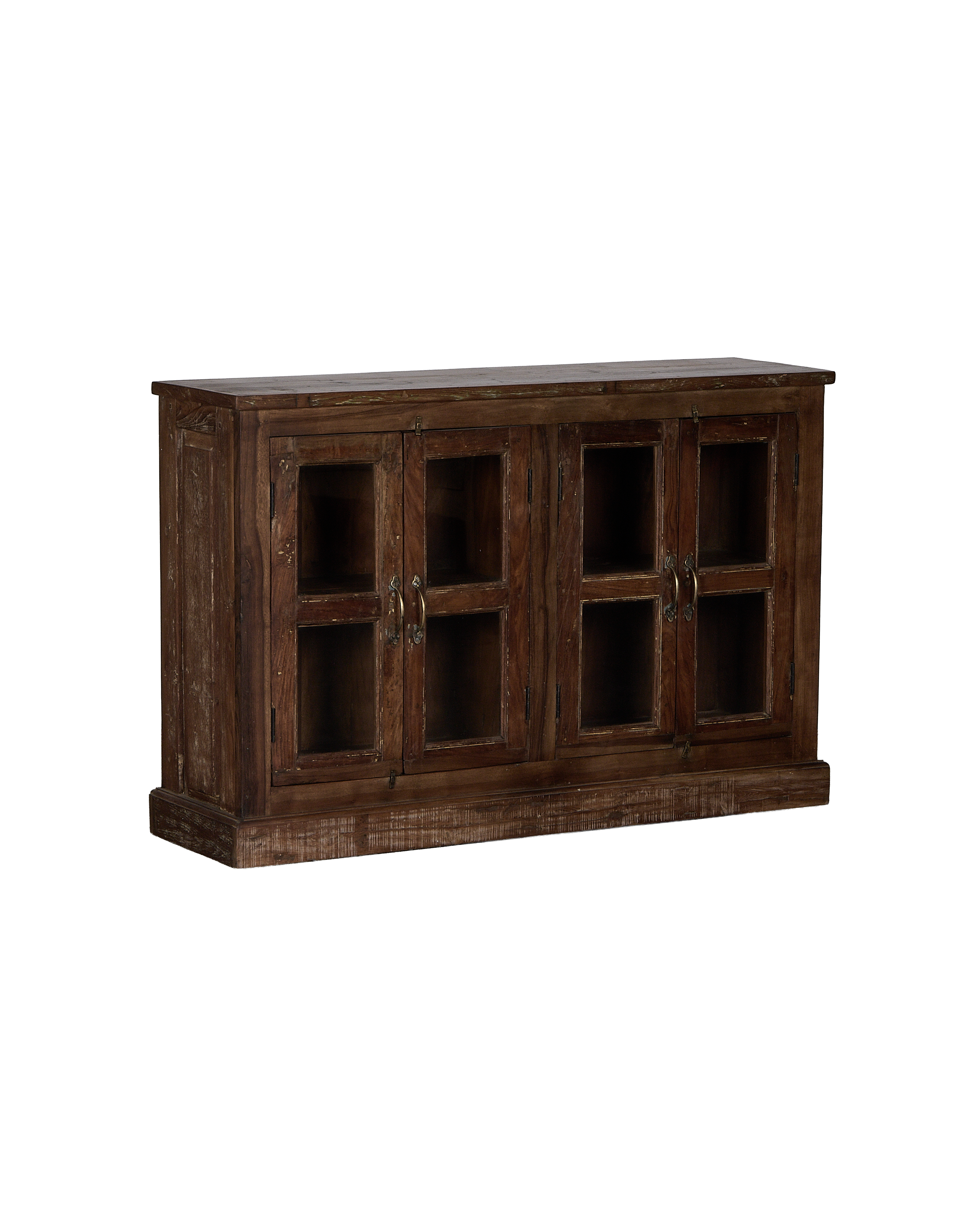 Vintage oak wood sideboard with four glass-front doors and distressed finish.