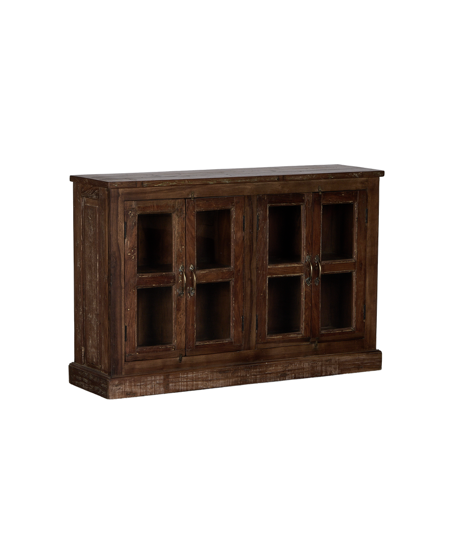 Vintage oak wood sideboard with four glass-front doors and distressed finish.