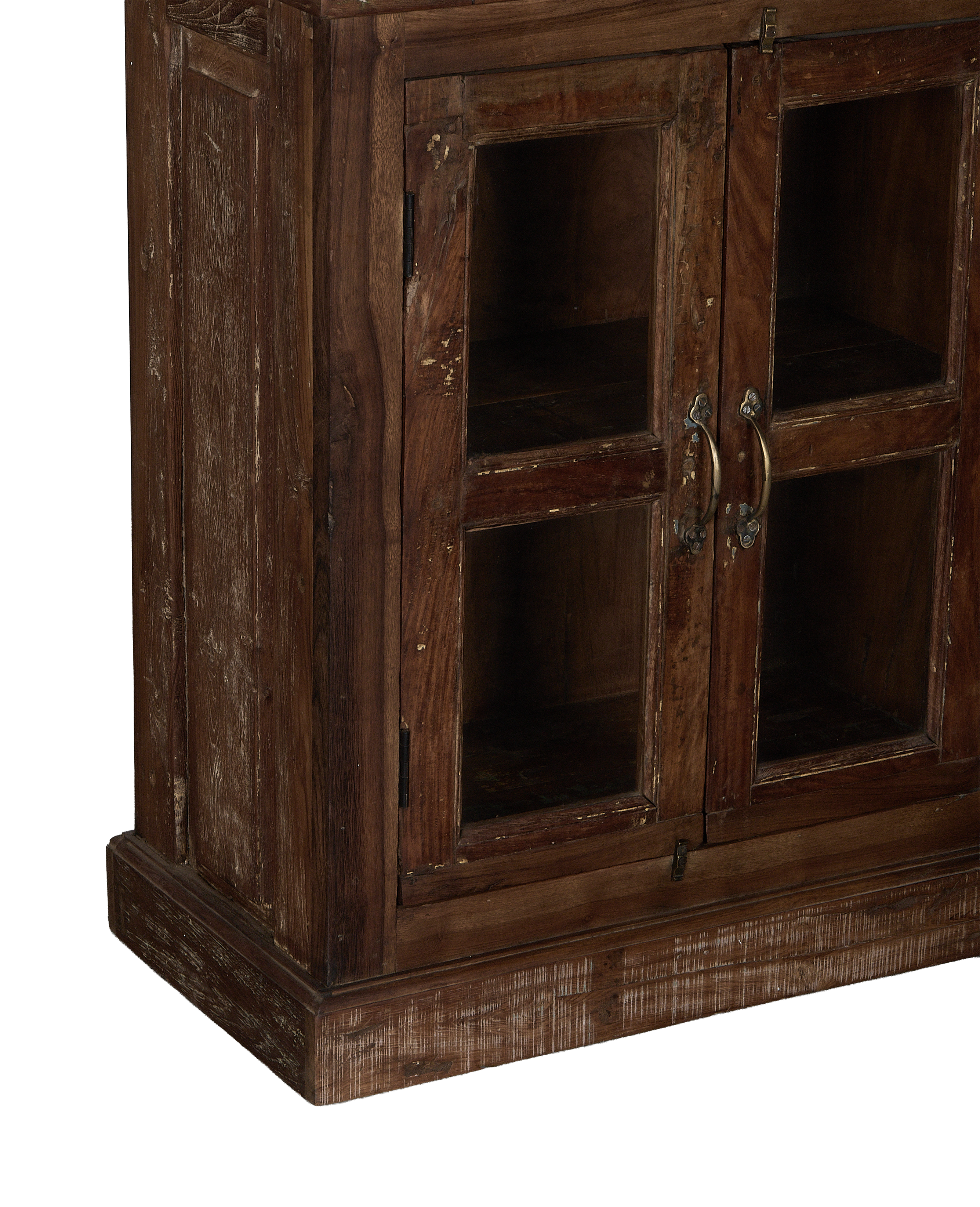 Vintage Indian oak sideboard, close up of glass panel doors, brass handles, distressed finish.