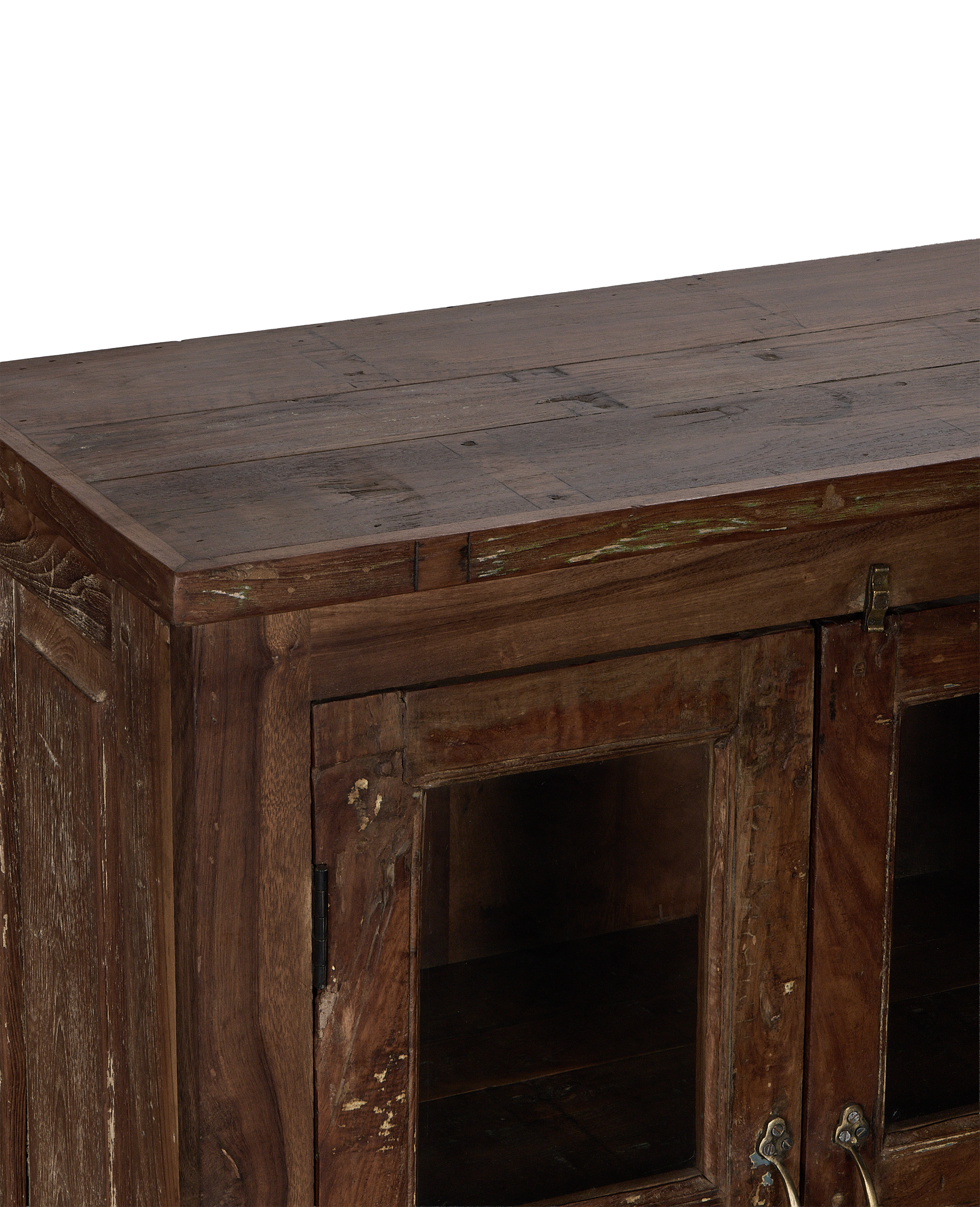 Vintage Indian oak sideboard top detail showing natural wood grain and glass panels.