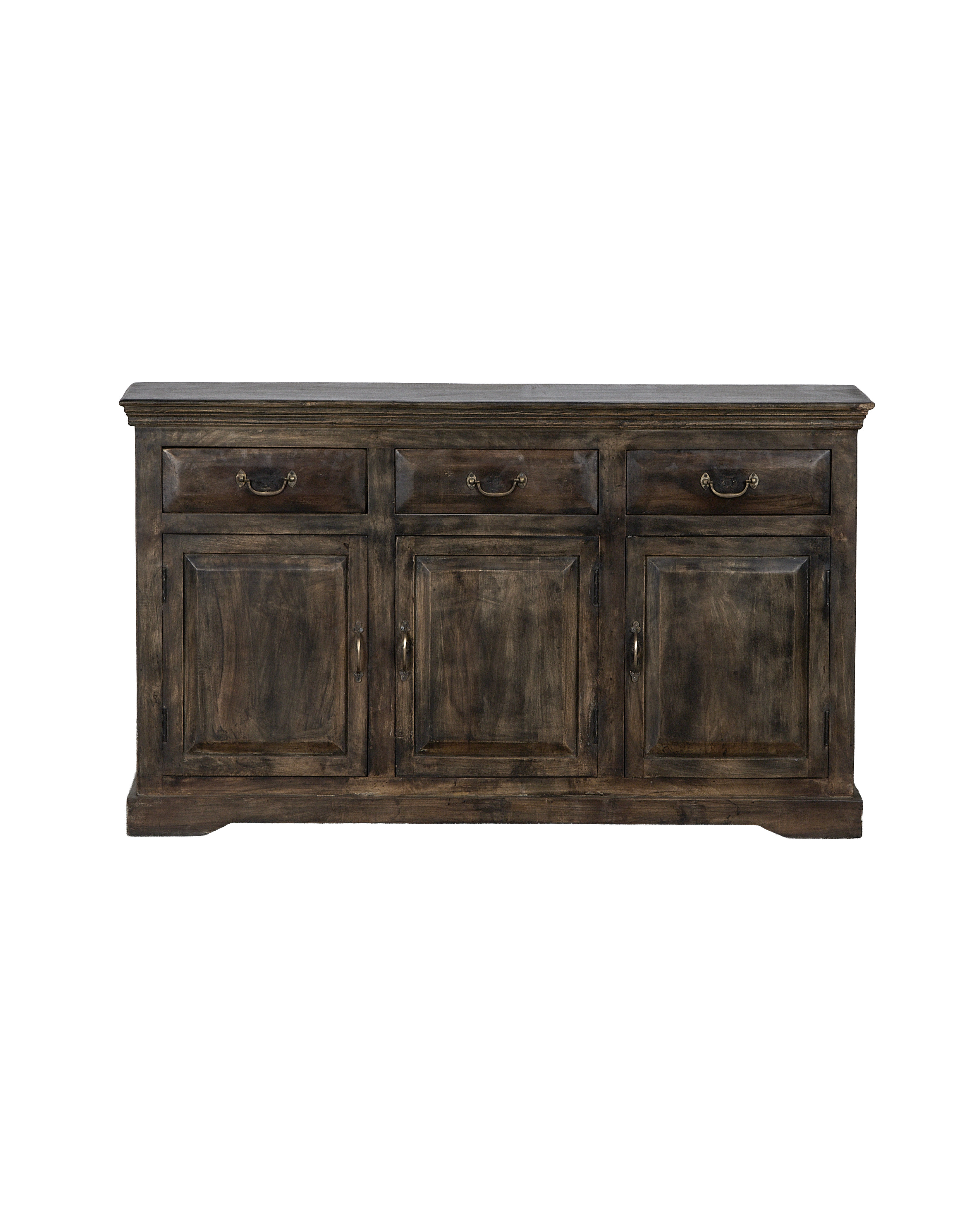 Vintage stained oak sideboard from India, featuring three drawers and three paneled doors.