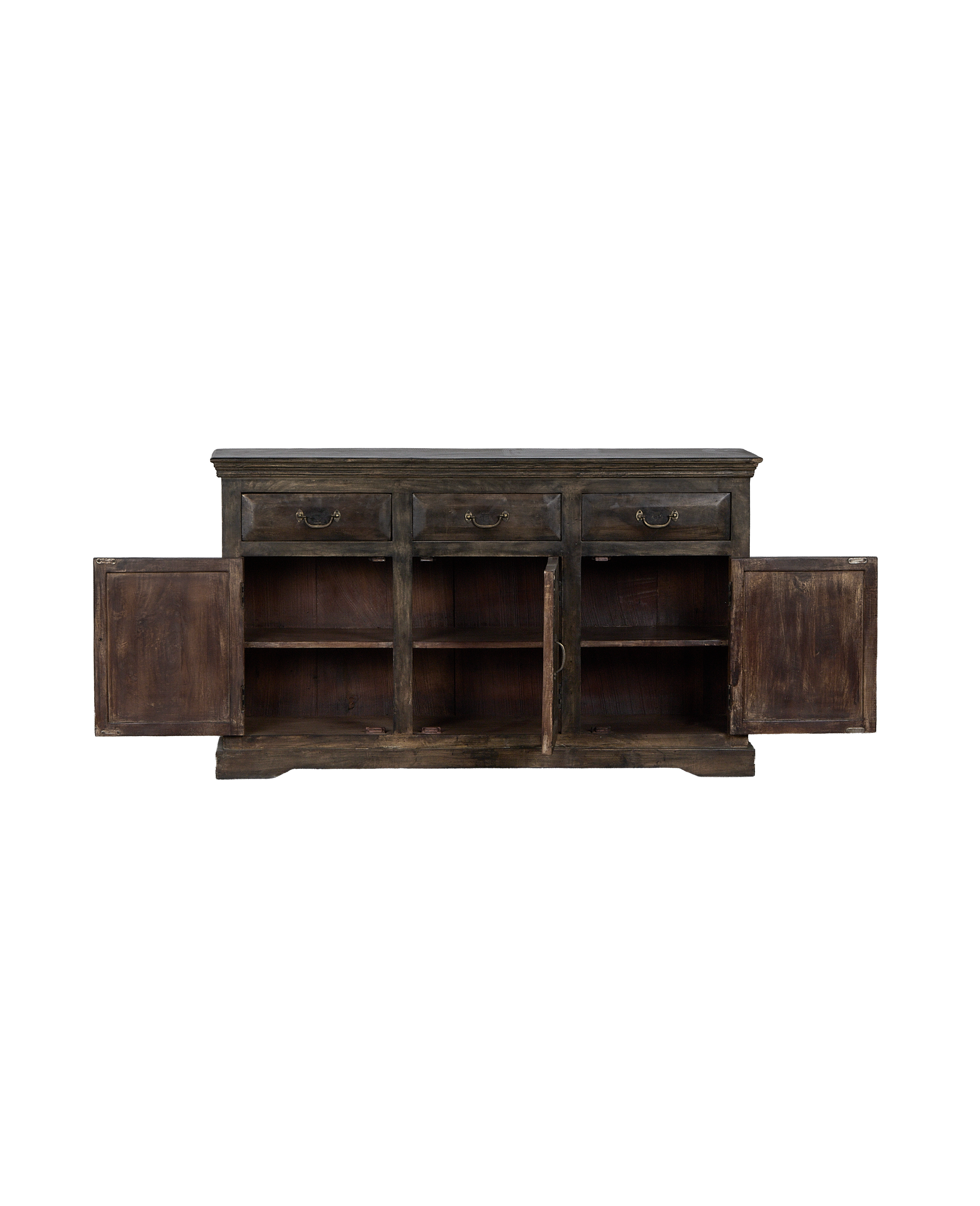 Vintage Indian oak sideboard, three drawers, and four open cabinet doors revealing dark wood interiors.