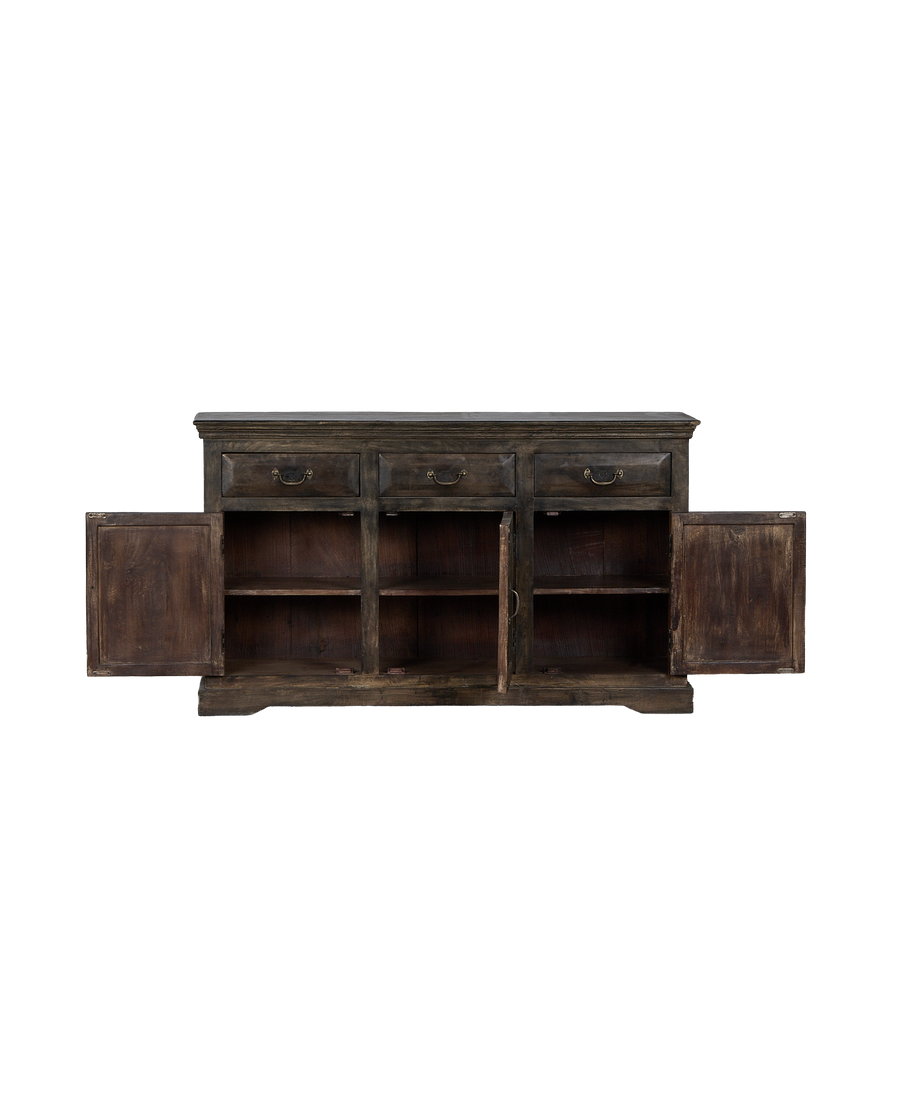 Vintage Indian oak sideboard, three drawers, and four open cabinet doors revealing dark wood interiors.