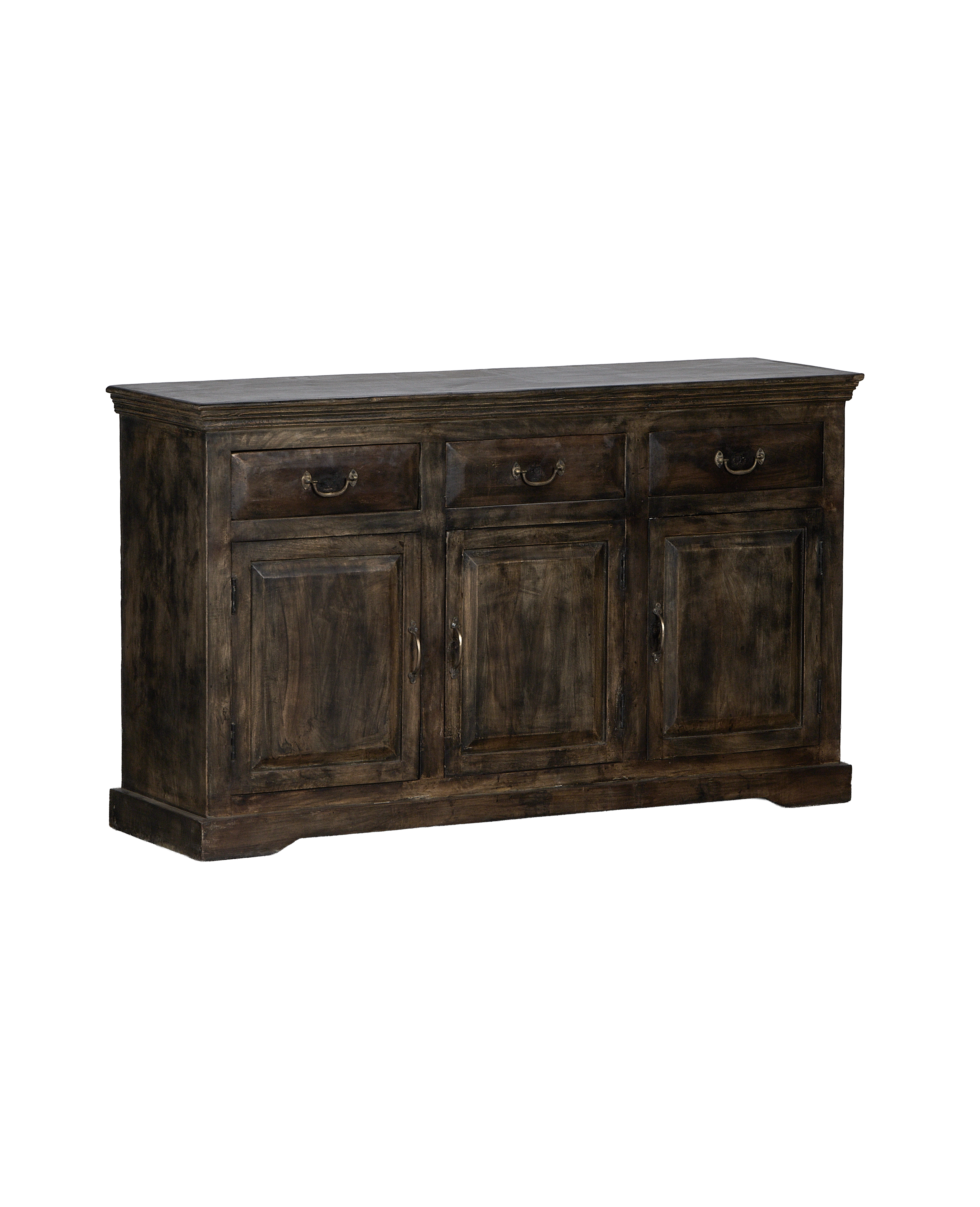 Vintage Indian oak sideboard, stained dark, showing its full-front view with visible top and bottom edge.