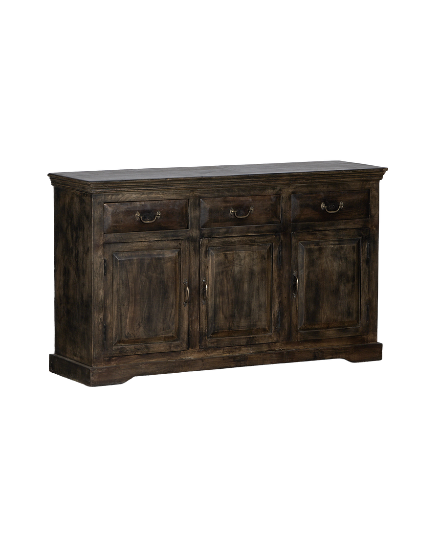 Vintage Indian oak sideboard, stained dark, showing its full-front view with visible top and bottom edge.