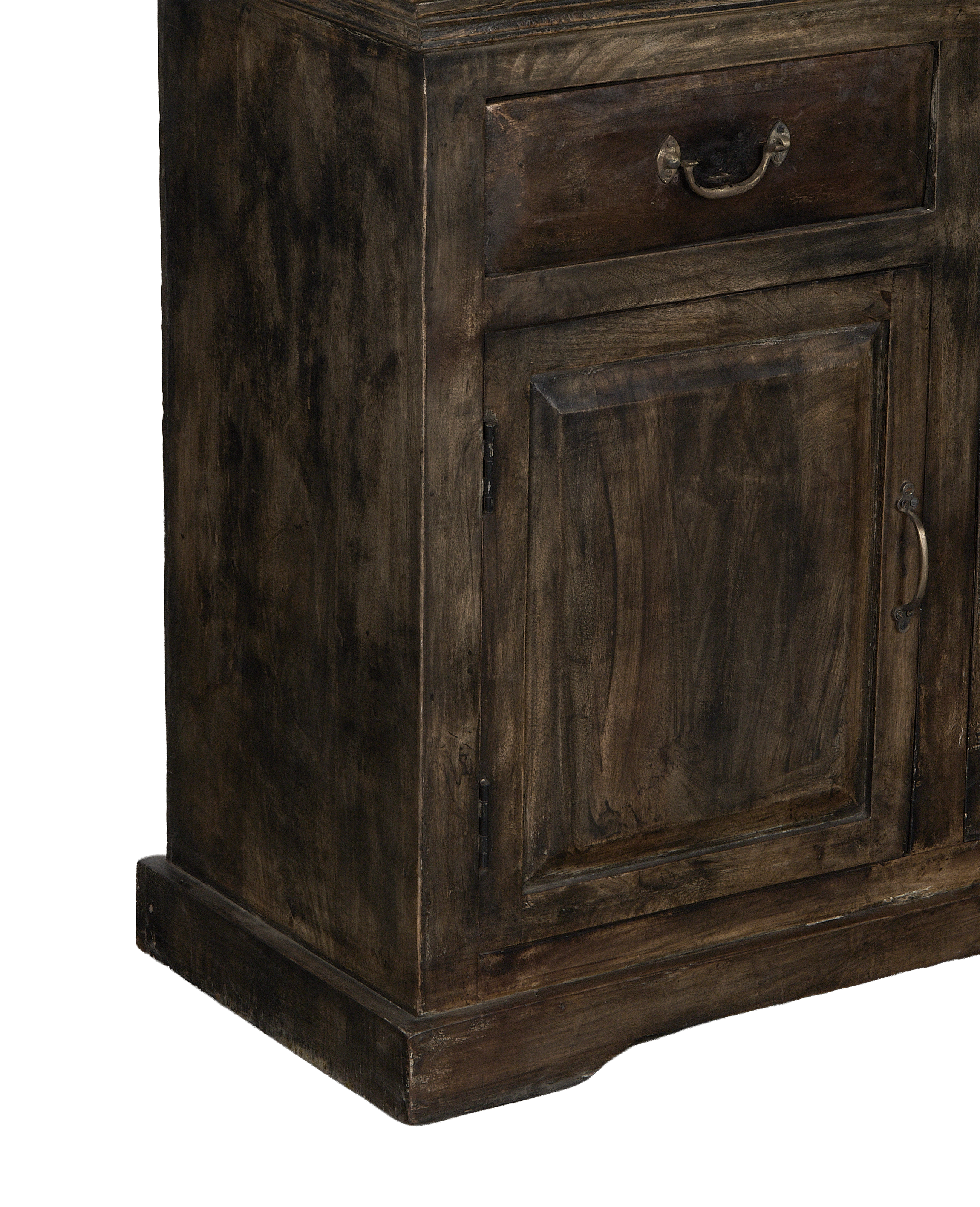 Close-up of vintage Indian oak sideboard, showing drawer and cabinet door with aged brass hardware.