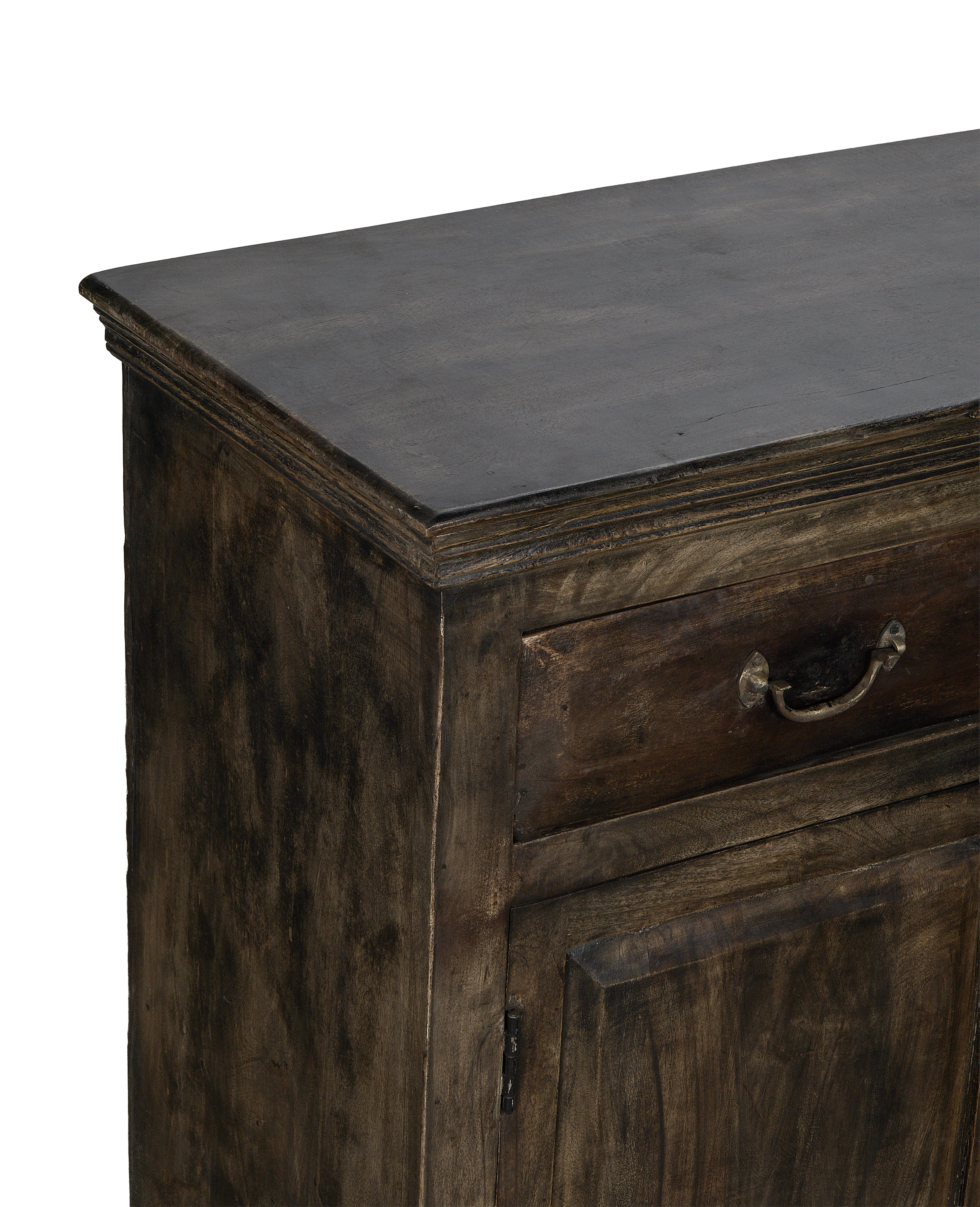 Vintage Indian Oak sideboard featuring dark stained drawer and cupboard with decorative bronze handle.